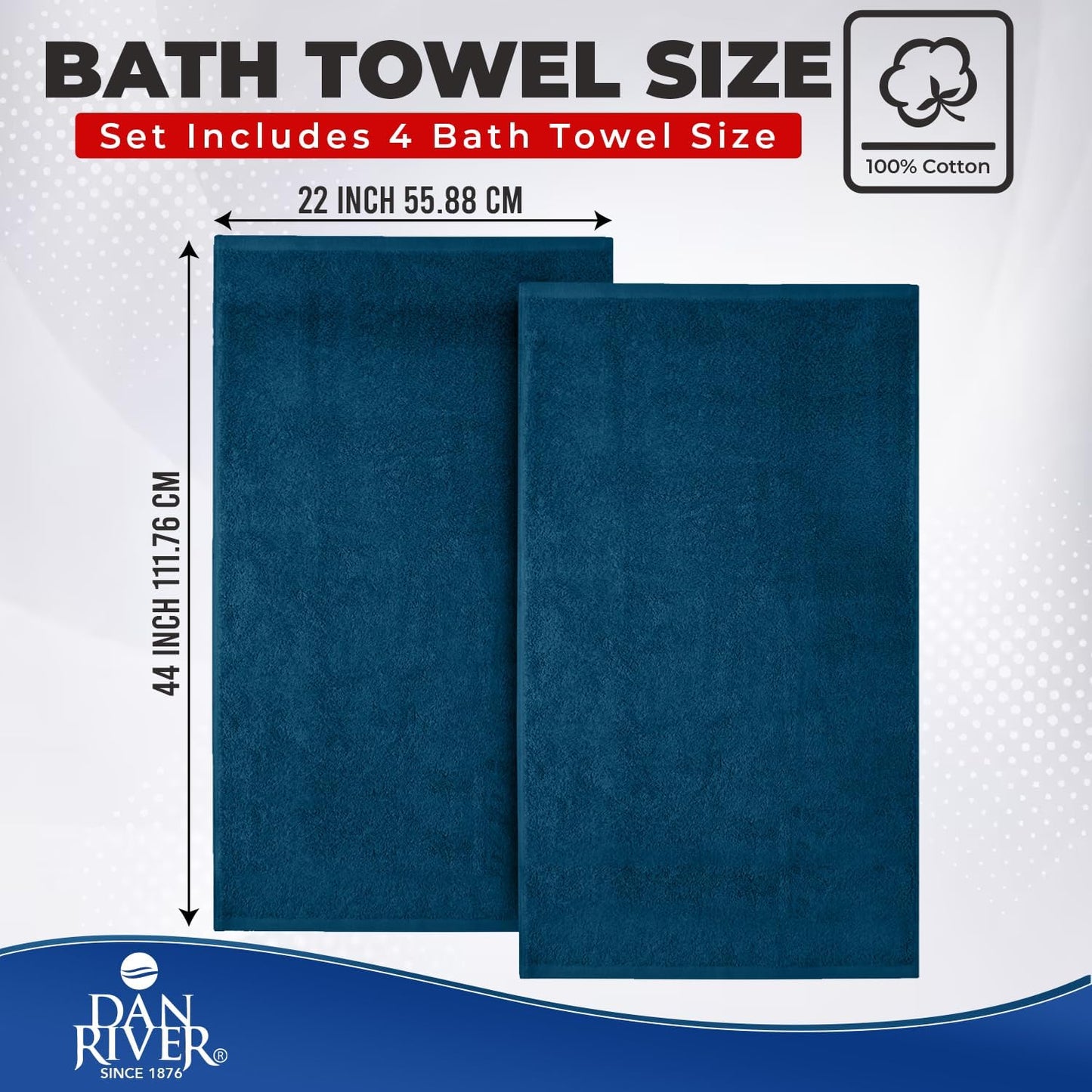 DAN RIVER 4 Pack Cotton Bath Towels – 22x44 Inches, Lightweight, Super Absorbent, Quick Drying, Soft & Durable Thick Body Towels for Home, Gym and Spa, Blue Opal