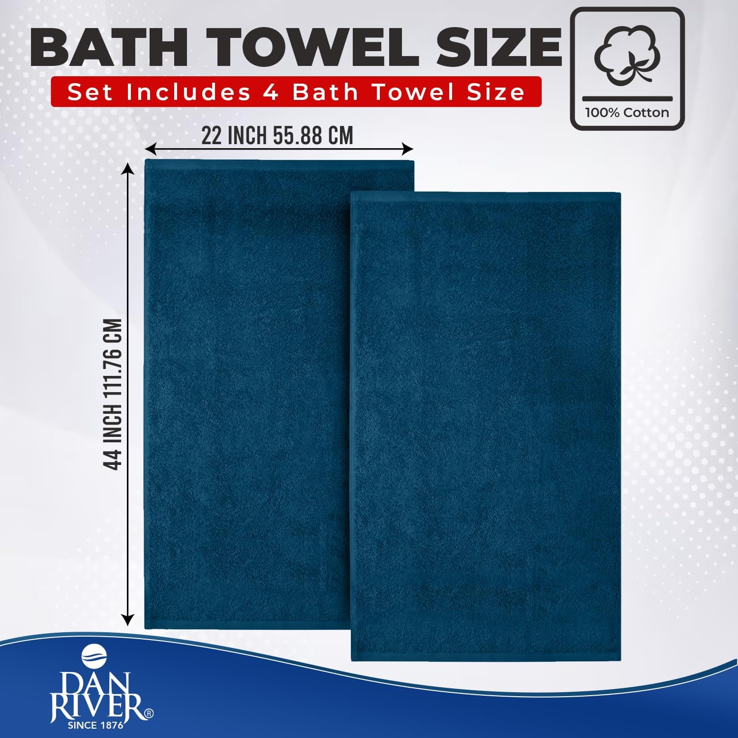 DAN RIVER 4 Pack Cotton Bath Towels – 22x44 Inches, Lightweight, Super Absorbent, Quick Drying, Soft & Durable Thick Body Towels for Home, Gym and Spa, Blue Opal