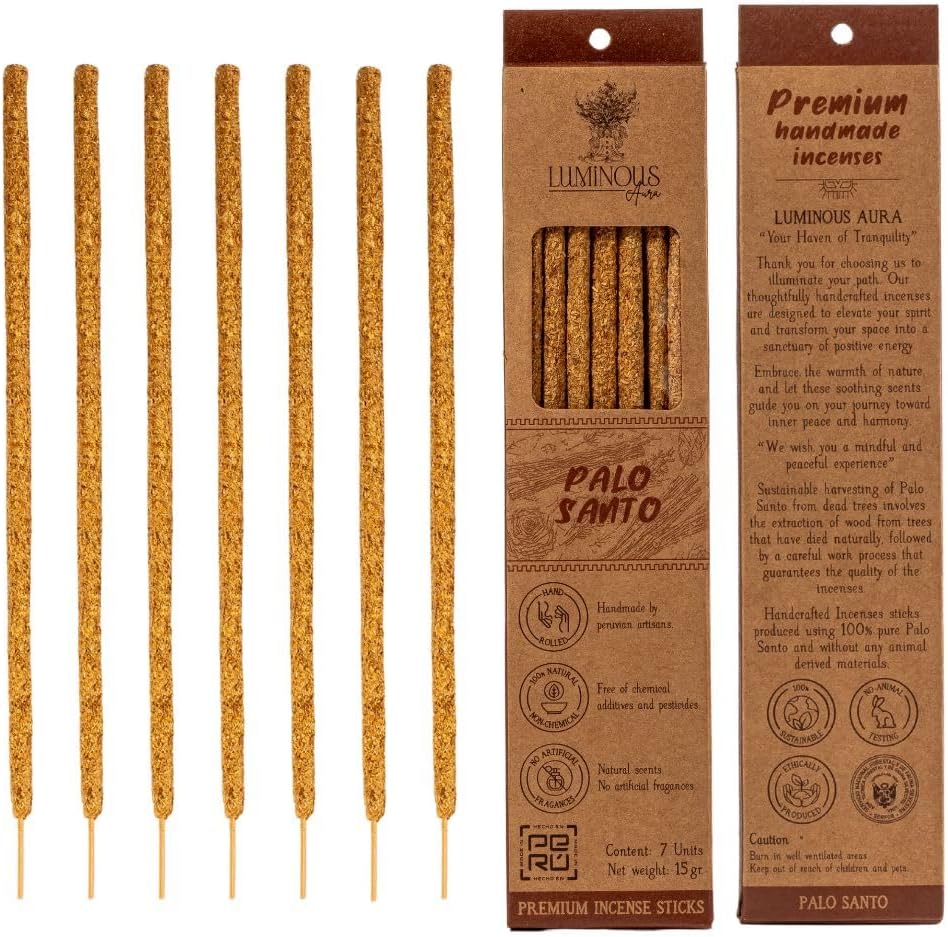 Handmade Palo Santo Incense Sticks by Luminous Aura– 100% Natural & Organic, Ethically Sourced from Peru – 7 Sticks, 8" Each – Non-Toxic, Ideal for Meditation, Relaxation, Smudging & Energy Cleansing