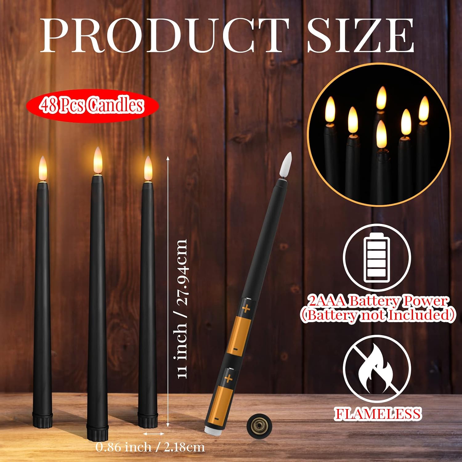 Handepo 48 Pack Flameless Taper Candles Realistic with Yellow Flickering Candlelights Plastic 11 Inch Last Long Battery Operated Window Candlestick for Halloween Christmas(Black)
