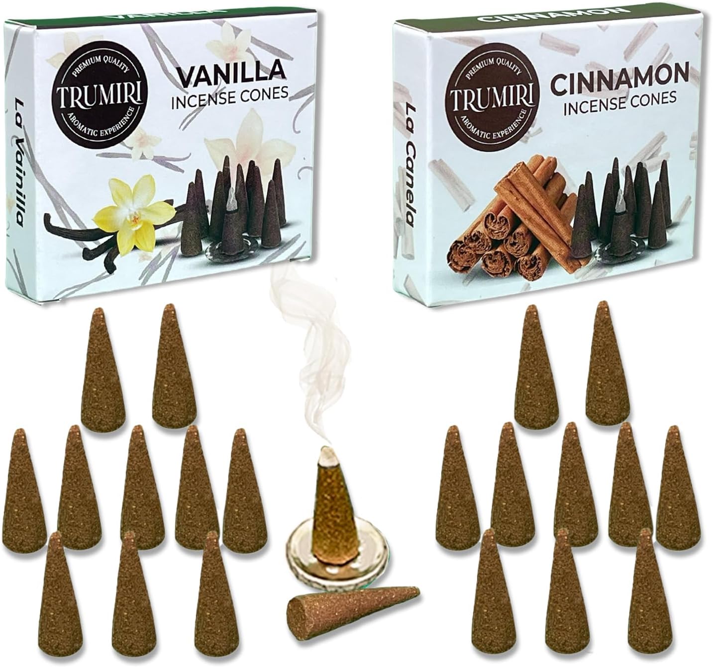 TRUMIRI Incense Cones - Combo Pack of 20 Cone Incense - 10 Vanilla + 10 Cinnamon