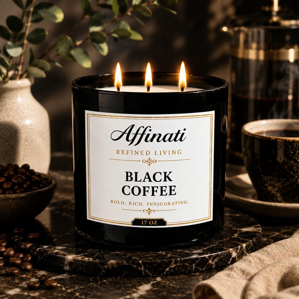 Affinati Black Coffee 3-Wick Scented Candle – Large Soy Blend Candle, Strong Scent Throw Rich Roasted Espresso Cafe Gourmand Candle, Premium Room Odor Eliminator Gift