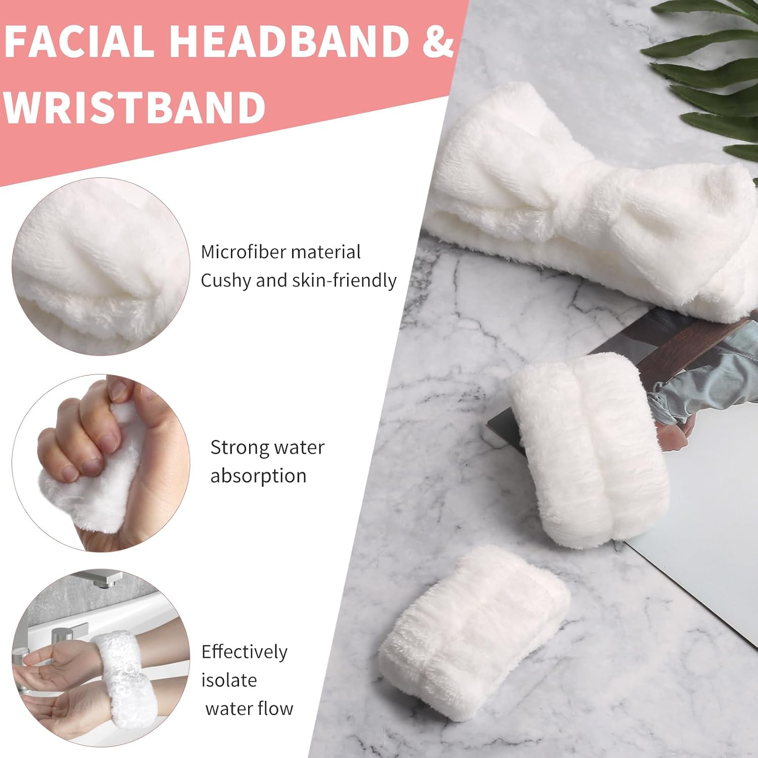 WSYUB Spa Headband and Wristband Set, Face Wash Headband, Makeup Skincare Headbands Wrist Bands for Washing Face, White