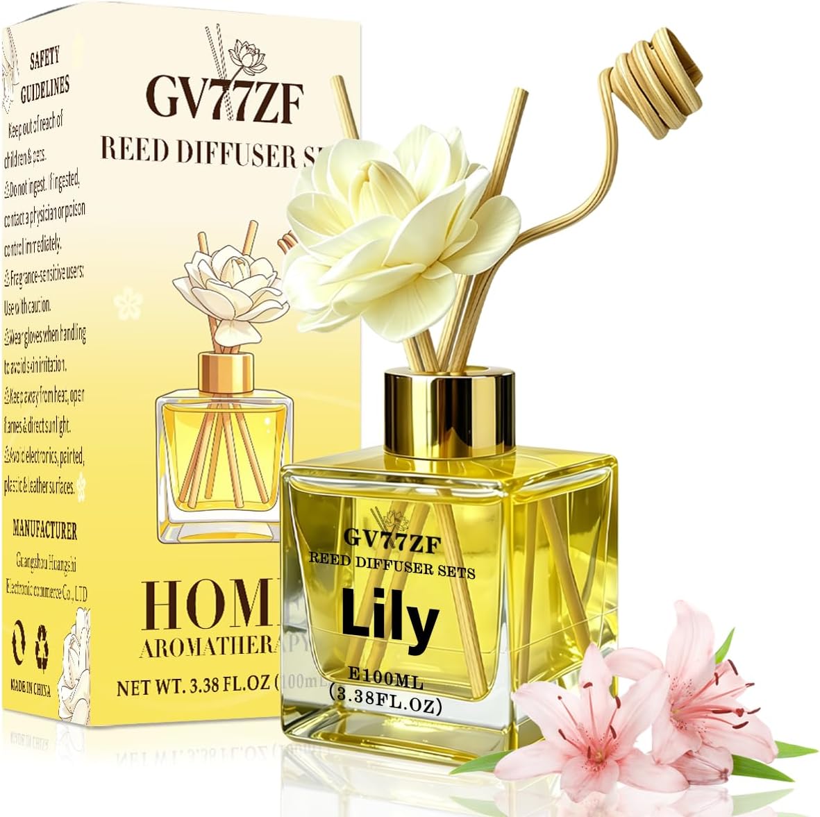 Lily Reed Diffuser – 3.38 oz Glass Bottle with Rattan Sticks & Dried Flowers, Fresh White Floral Scent for Home, Adjustable Intensity, Aroma Gift