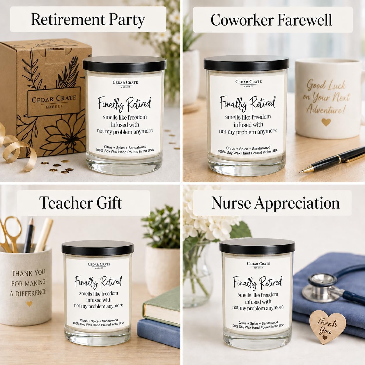 Cedar Crate Market - Retirement Gift for Woman, Men - Finally Retired Soy Wax Candle,Caribbean Retreat Scented, 60 Hours Burn, Eco-Friendly Glass Jar, Farewell Presents for Coworkers - Made in USA