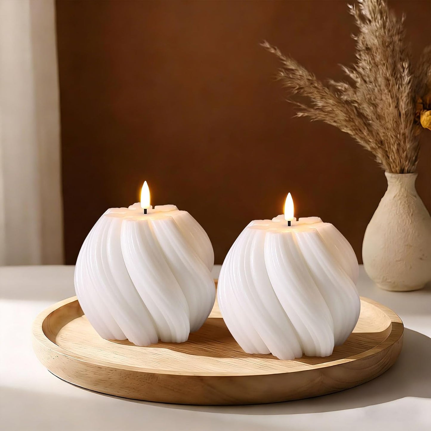 White Swirl Flameless Candles with Remote, Aesthetic Twirl LED Pillar Candle Housewarming Gift Home Shelf Decor 1 Pack