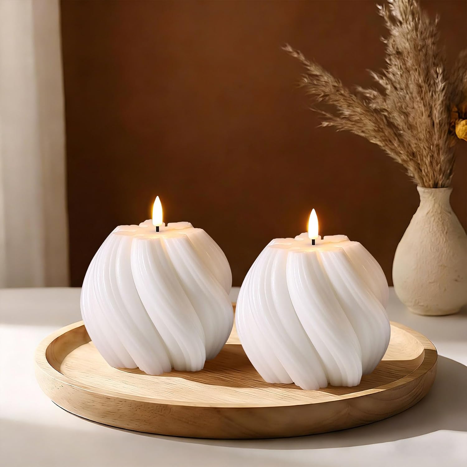 White Swirl Flameless Candles with Remote, Aesthetic Twirl LED Pillar Candle Housewarming Gift Home Shelf Decor 1 Pack