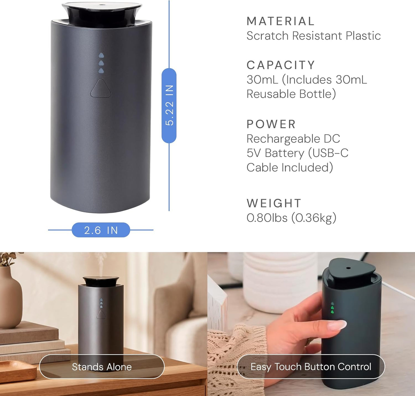 Air Esscentials The Mini Essential Oil Diffuser for Home, Waterless & Smart Portable Diffuser for Essential Oils, USB-C & Rechargeable with Adjustable Settings, Covers 300 Sq. Ft., Black