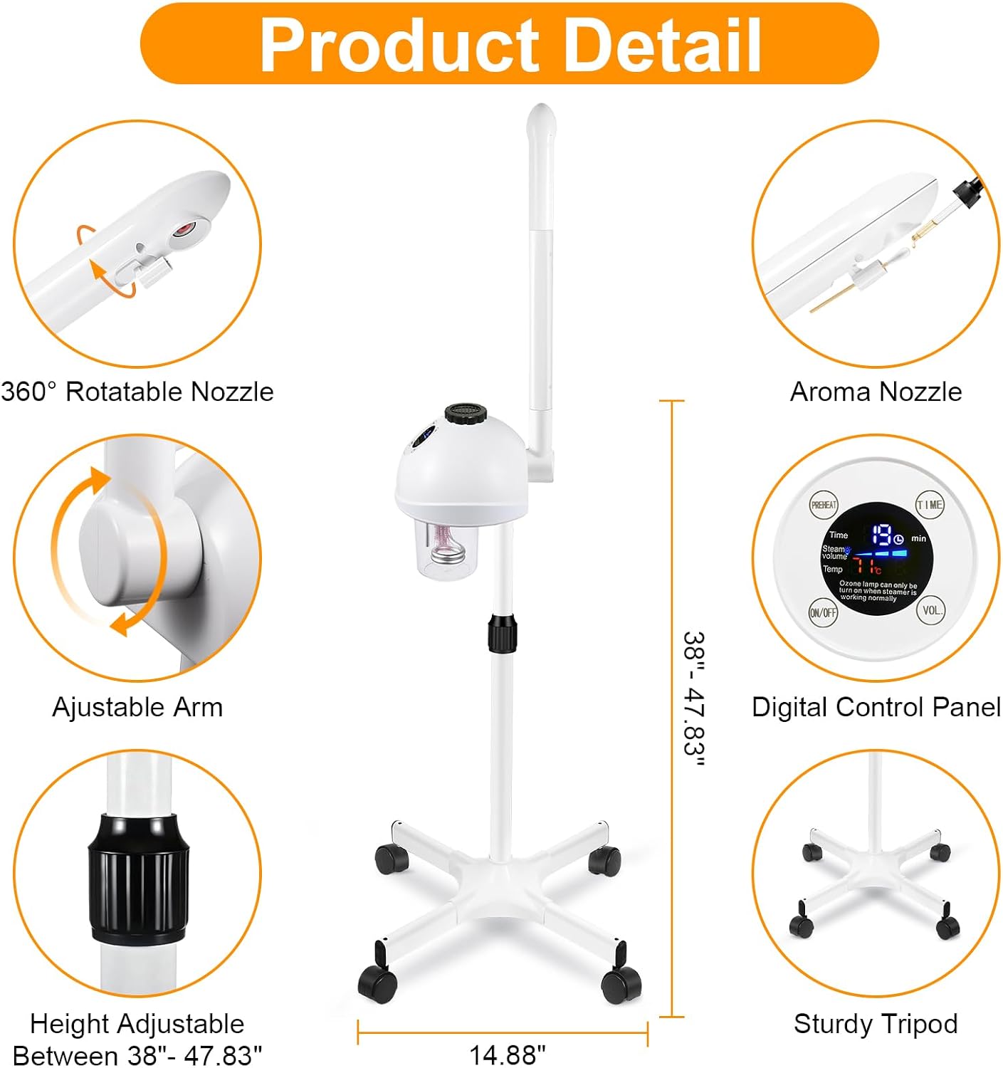 Professional Facial Steamer, Vaporizador Facial with Steam Adjustable & Timer, Movable Arm, Preheating Esthetician Steamer, Home Beauty Salon SPA