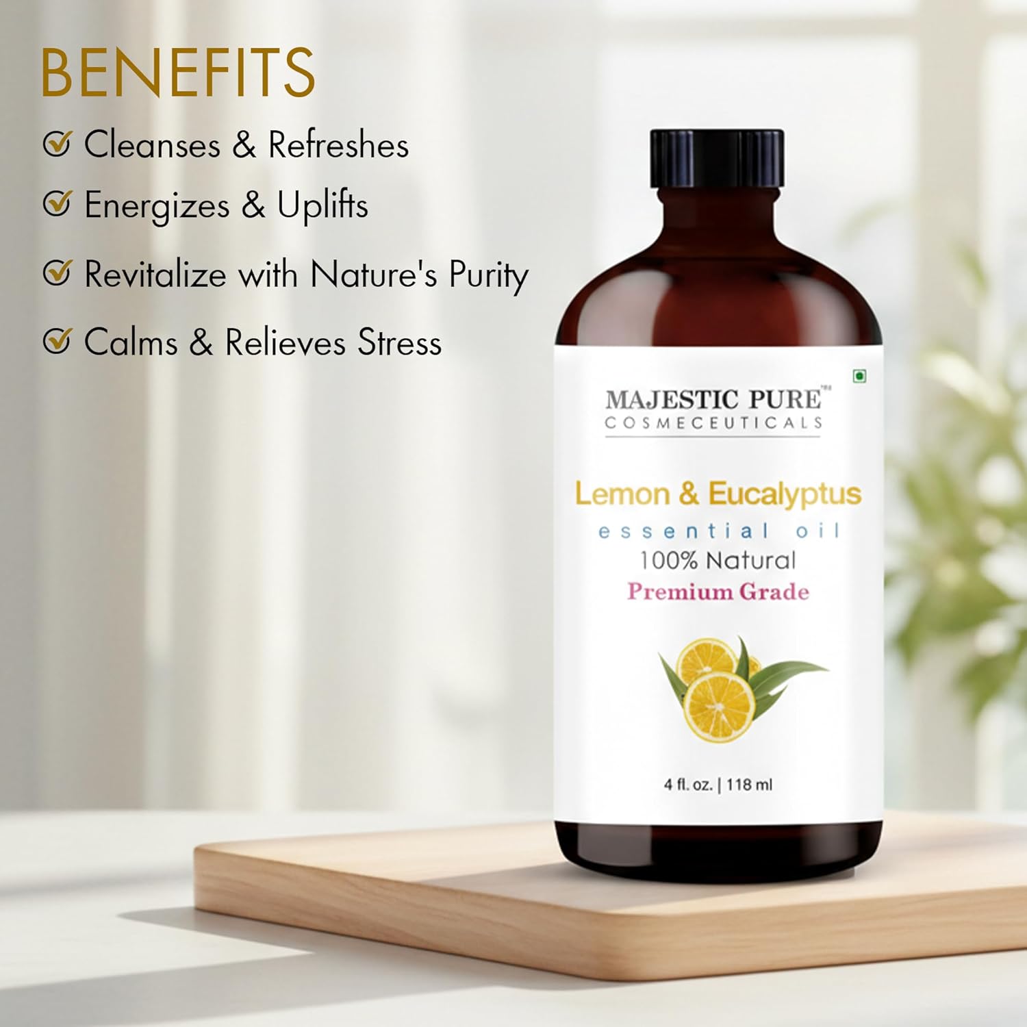 Majestic Pure Lemon Eucalyptus Essential Oil 4 Fl Oz - Fresh Citrus Scent for Diffuser, Home & Cleaning - Crisp, Uplifting Fragrance - Pure & Blend-Friendly Essential Oil