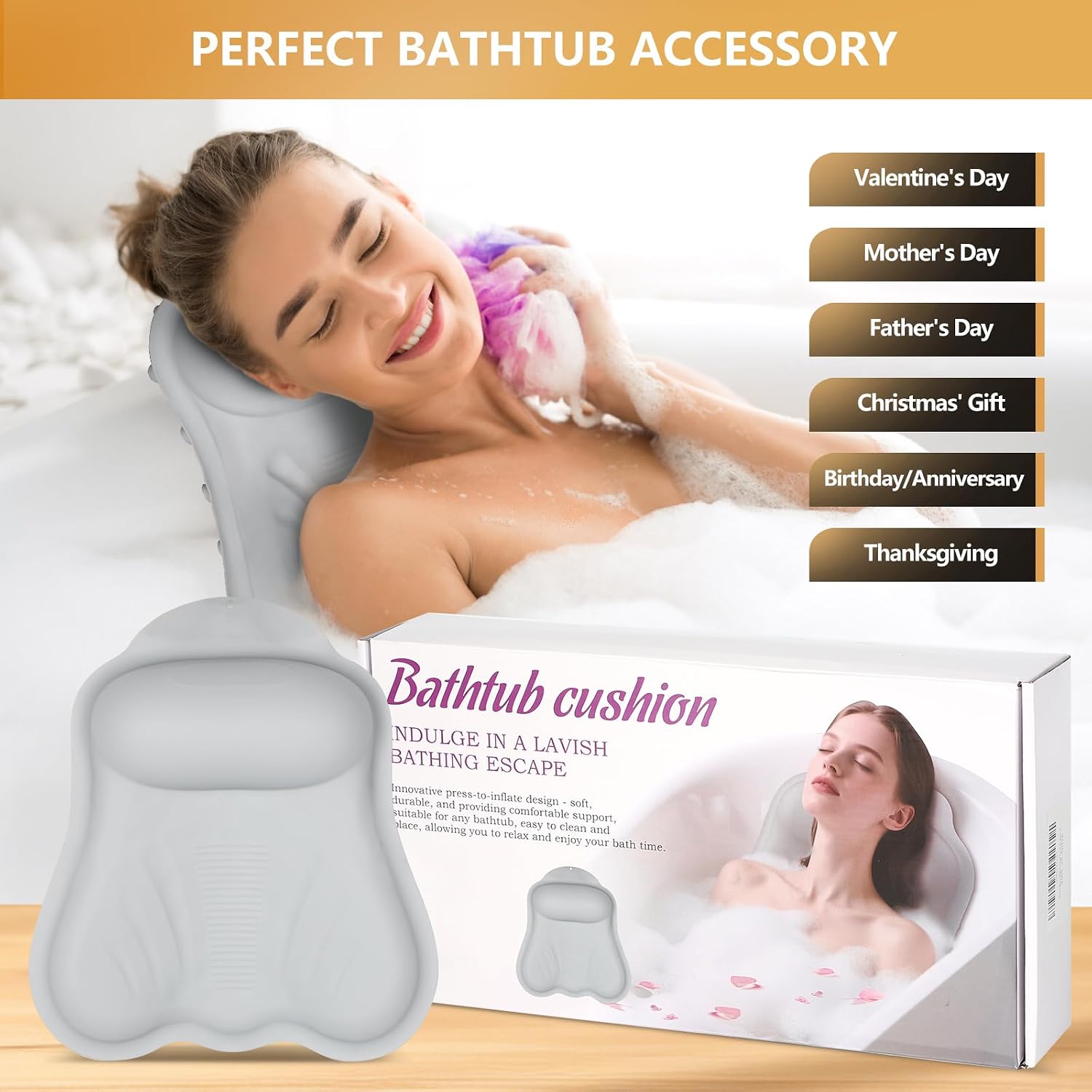 Inflatable Bath Pillows for Tub - Adjustable Firmness Silicone Bathtub Pillow for Neck-Relaxing & Epsom Salt Soaking, Bath Pillow for Head & Back Support Cushion, Spa Gifts for Women, Parent (Gray)