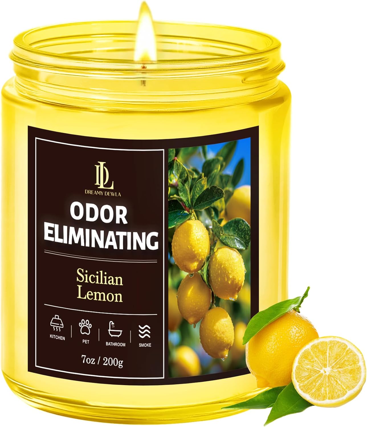 Sicilian Lemon Odor Eliminating Highly Fragranced Candle, Eliminates 95% of Kitchen Grease & Pet Odors Quickly, Air Freshing Scented Candles, Soy Candle Gifts for Women Men, 7oz