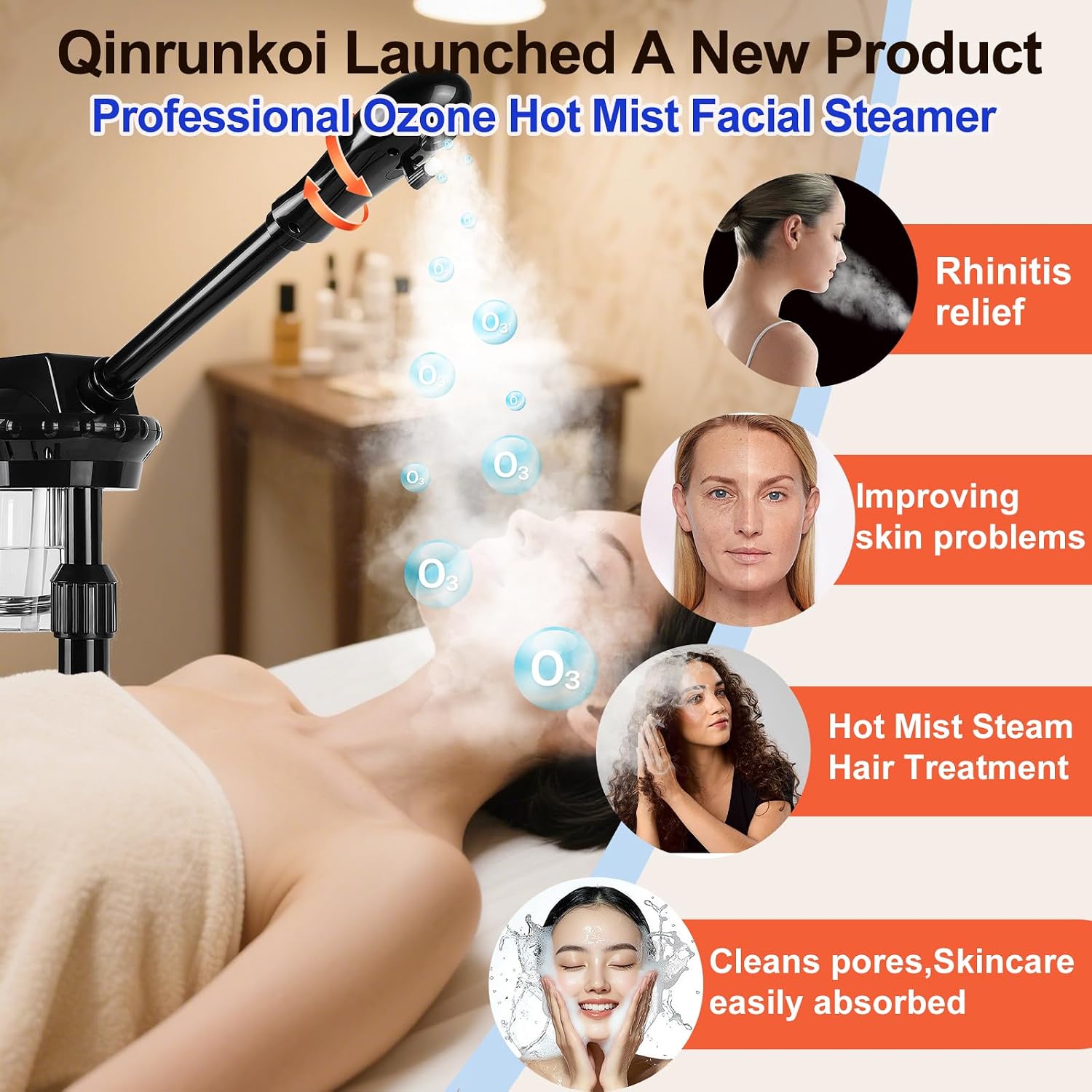 Professional Facial Steamer for Deep Hydration,Ozone Face Steamer with More Steam,Estheticians Steamer on Wheels with Time Setting,Adjustable Height Suitable for Beauty, Spa and Home Use