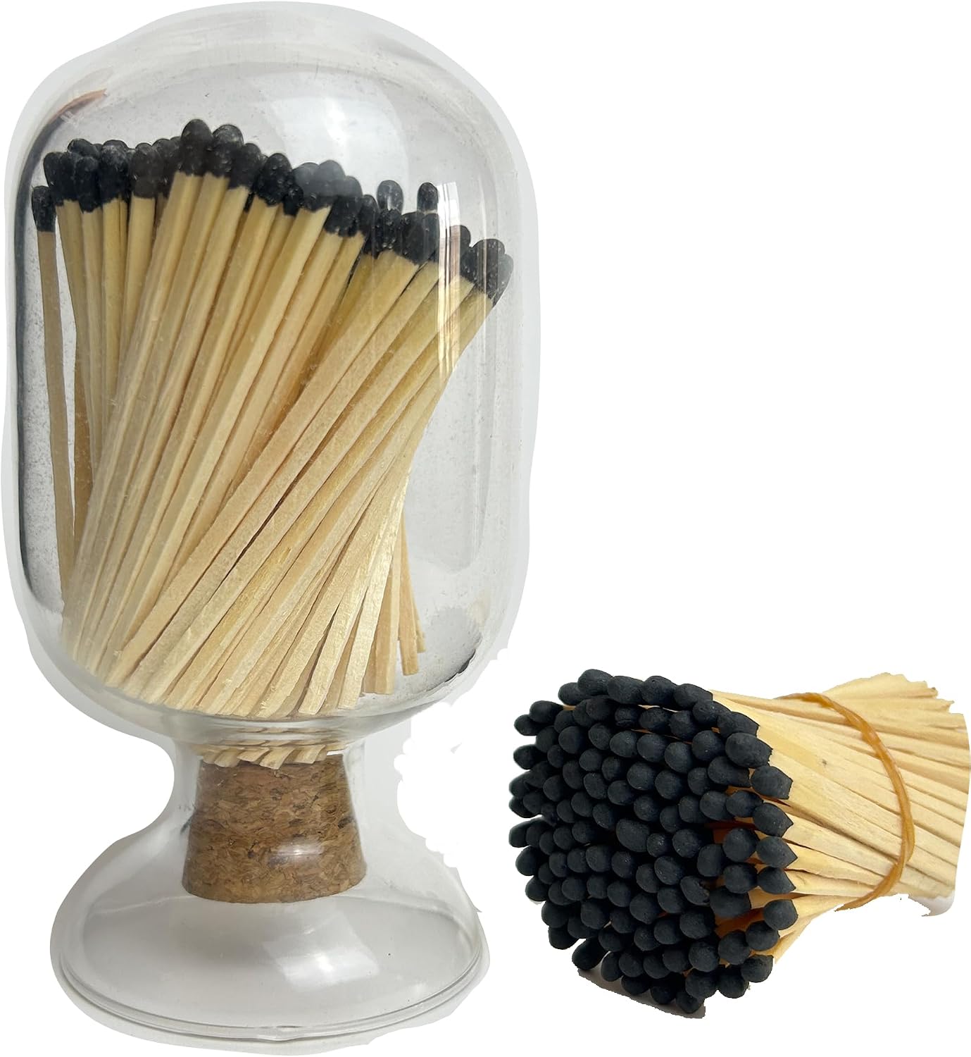 3'' Black Matches Included, Glass Match Holder with Striker, Glass Match Cloche with Striker, Matches in a Jar with Striker, Safety Matches Jar, Long Fireplace Matches for Fireplace BBQ Grill