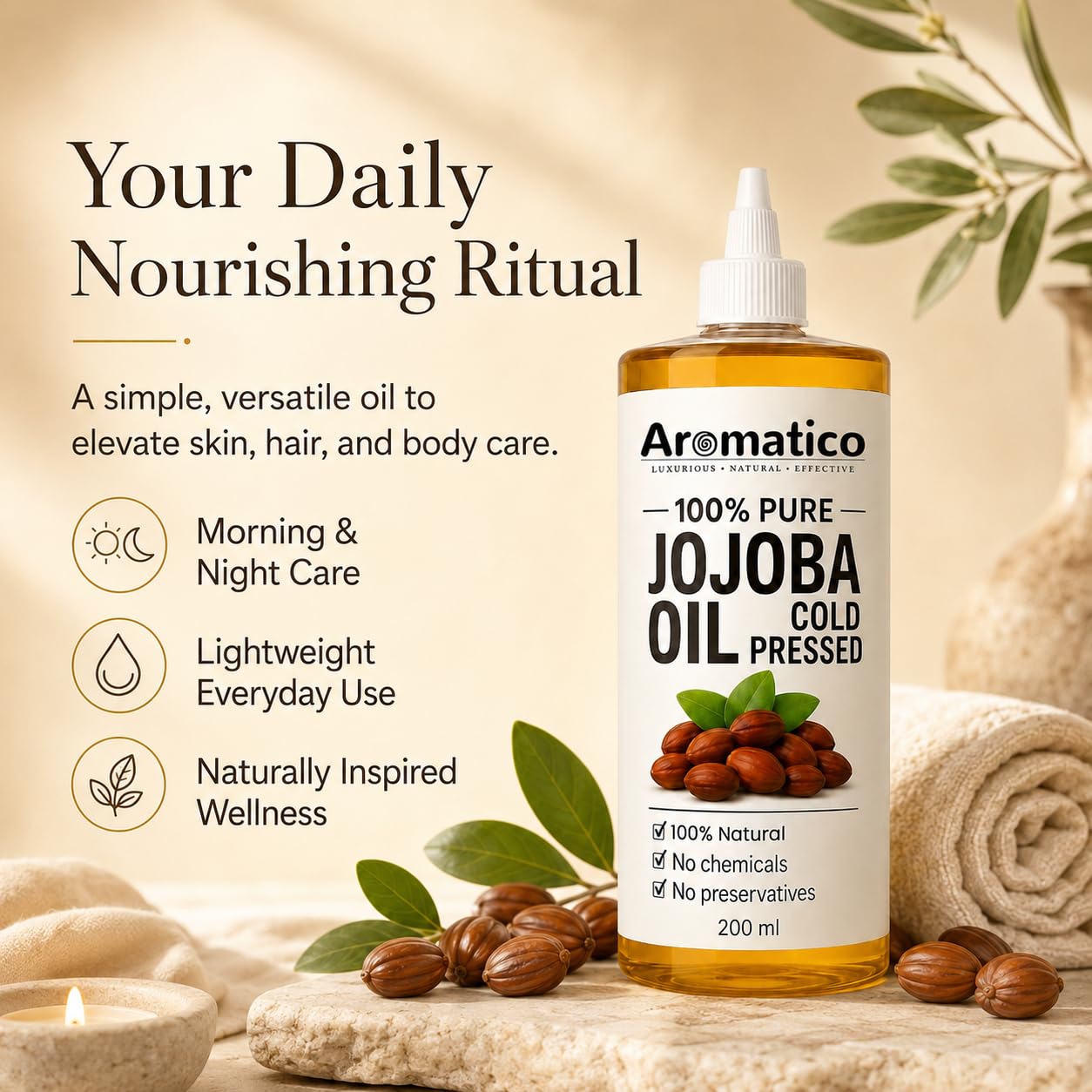Aromatico 100% Pure Cold Pressed Jojoba Oil – 7 Fl Oz | Natural Hair, Face & Body Oil – Lightweight Moisturizing Carrier Oil for Dry Scalp, Skin Care, Beard, Cuticles & Massage