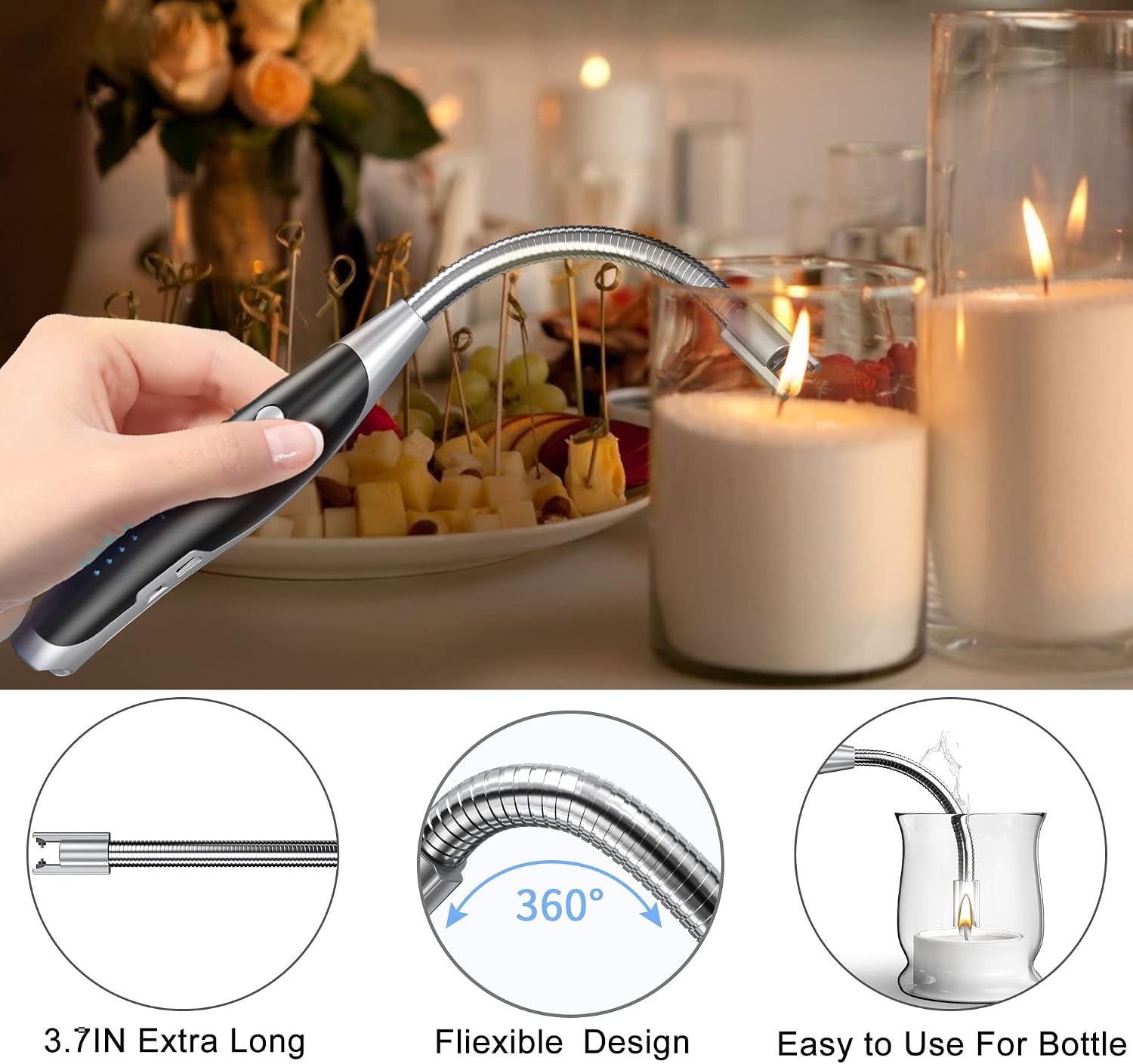 AT-Mizhi Electric Lighter - Rechargeable Long Neck Lighter with LED Flashlight for Candles, Camping & BBQ
