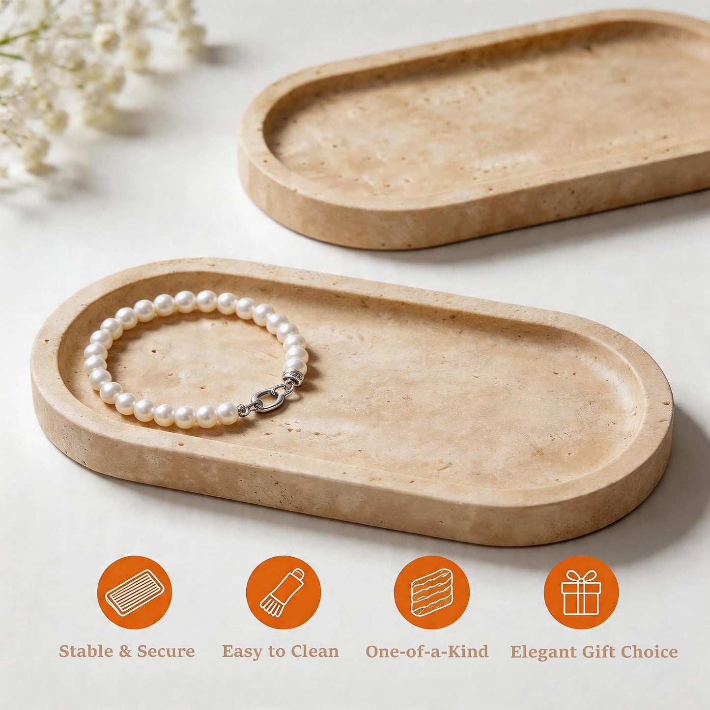 Natural Travertine Vanity Tray Waterproof Italy Marble Bathroom Organizer for Perfume, Candles & Jewelry Non-Slip Oval Storage Tray for Spa, Bedroom, Kitchen 9.8" x 4.5" Beige (WH028)
