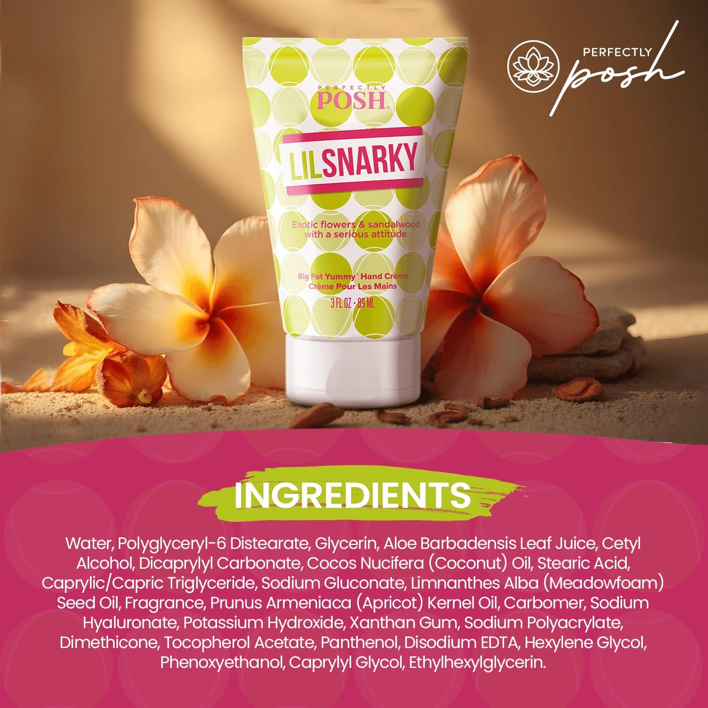 Perfectly Posh - Snarky Big Fat Yummy Hand Crème - Non-Greasy Moisturizing Hand Cream with Apricot Oil, Coconut Oil and Glycerin - 89ml