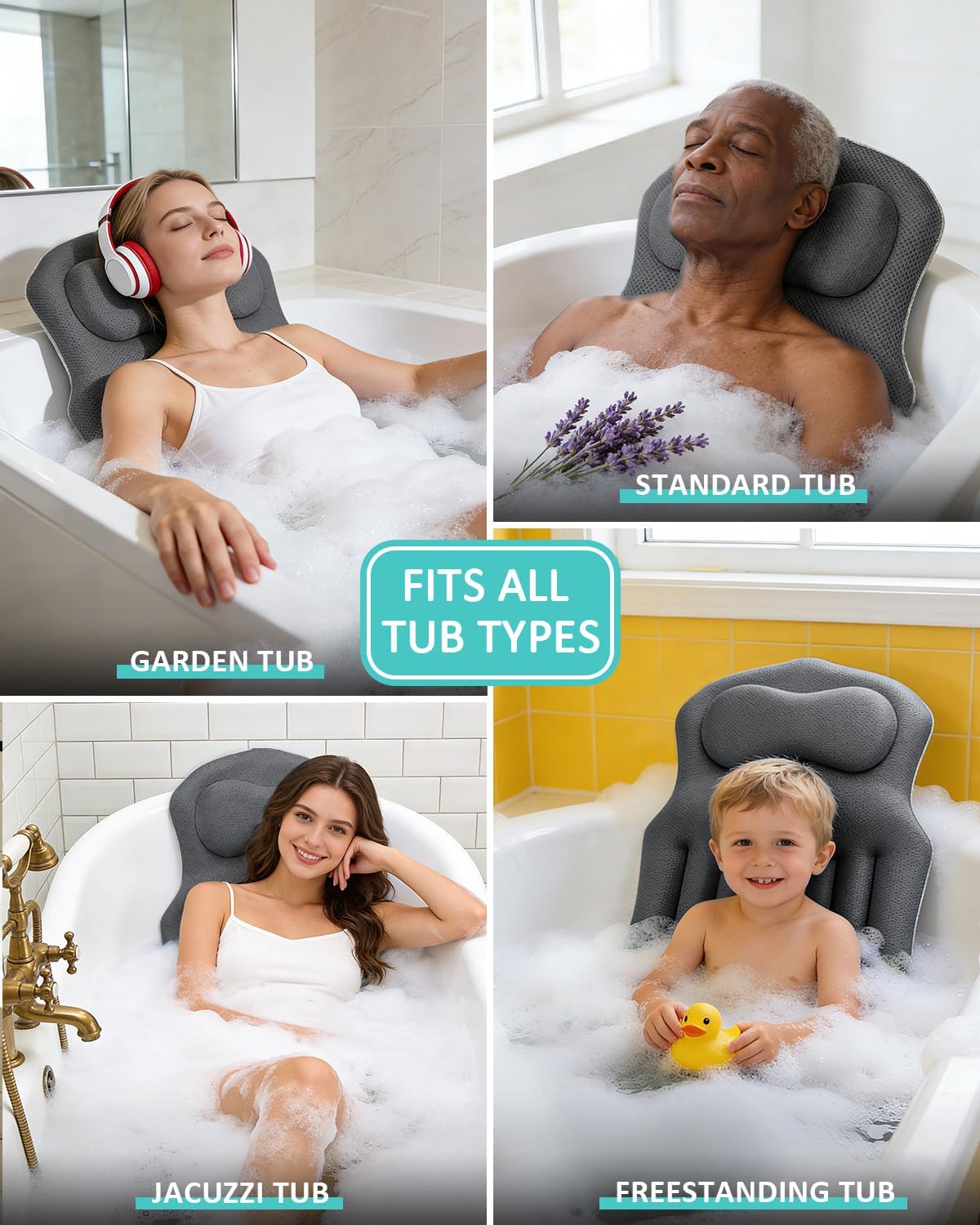 Full Body Bath Pillow for Bathtub, 5D Thick Tub Pillow for Bathtub with 192 Non-Slip Suction Cups, Laundry Bag & Hook, Bathtub Pillow for Head, Neck & Back Support (Gray, 51"*15")