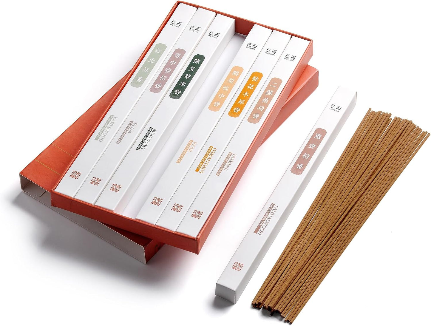 Asian Joss Incense Sticks - Set of 7-245 Sticks, Sandalwood, Eaglewood, Jasmine, Pear, Plum, Mugwort, Osmanthus Incense Sticks, Insense Sticks, Natural & Slow Burning Inscents