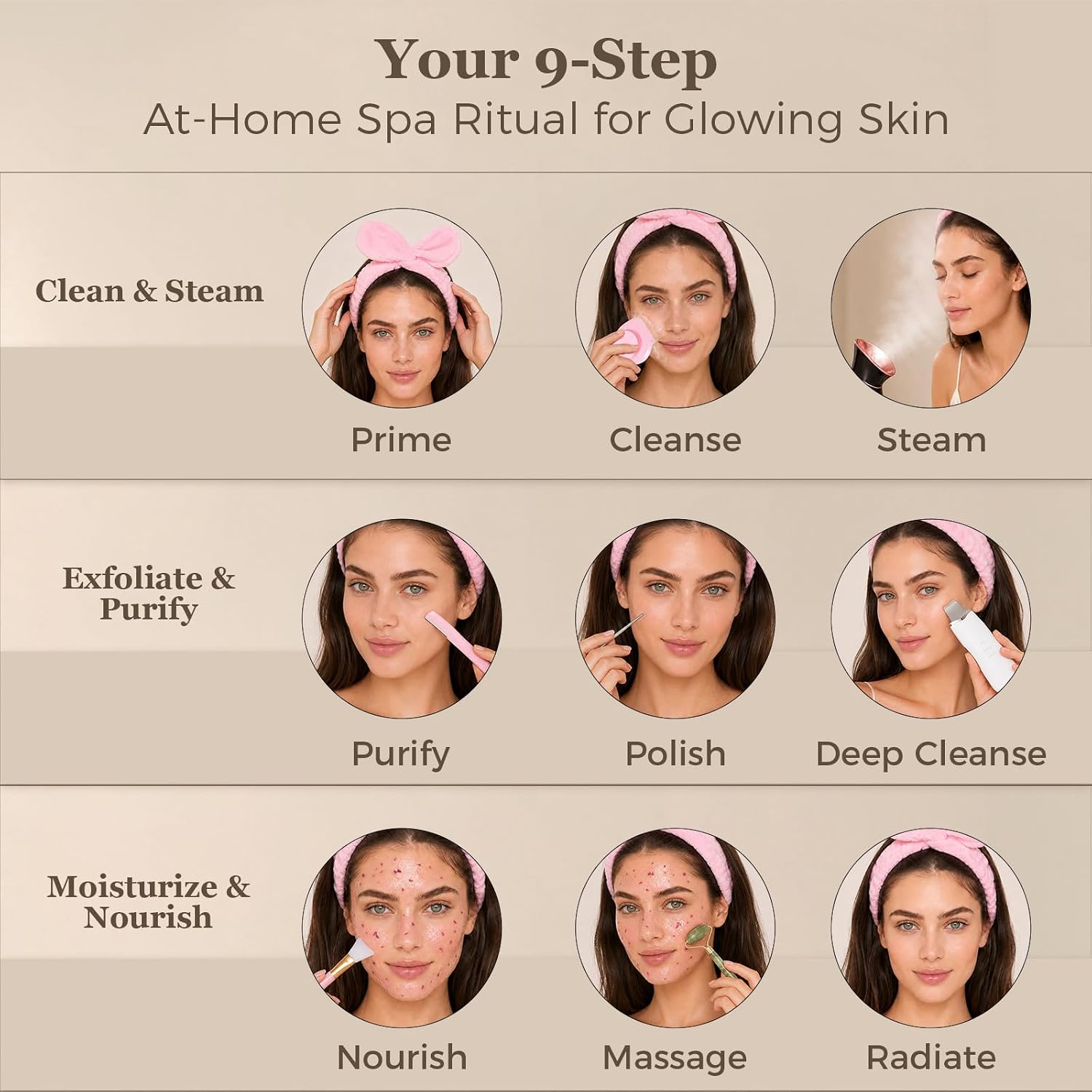 Facial Steamer Deep Cleaning Kit: Nano Ionic Face Steamer with 8 Skin Care Tools Home Spa Clean Refresh Repair for Unclogging Pores & Sinuses - Self Care Gifts for Women (Black Rose Gold)