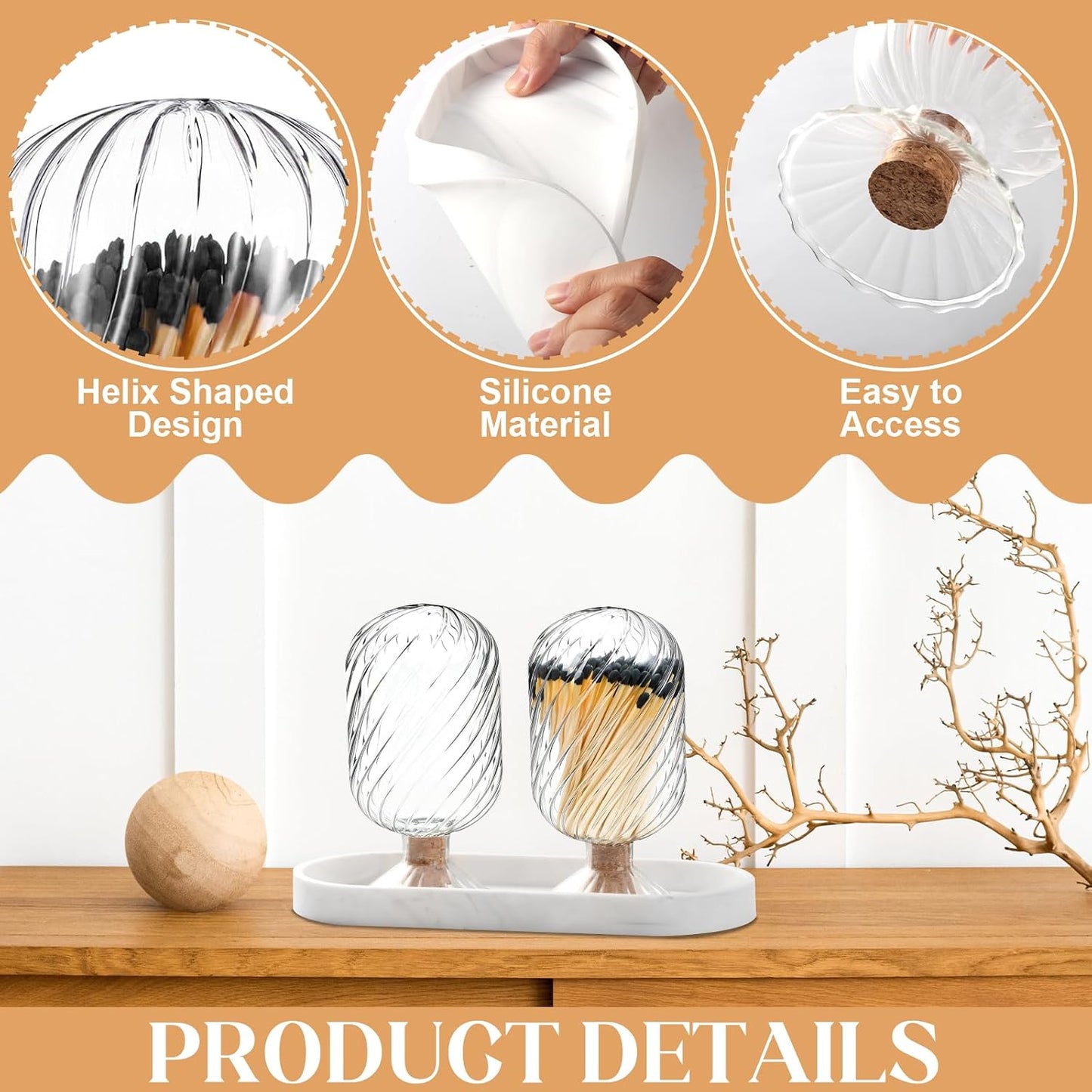 2 Pcs Glass Cloche Match Holder for 4 Inch Long Matches with Silicone White Marble Tray Helix Shaped Matches Jar Long Match Box Decorative for Candles Fireplace Bathroom Grill Camping (No Match)
