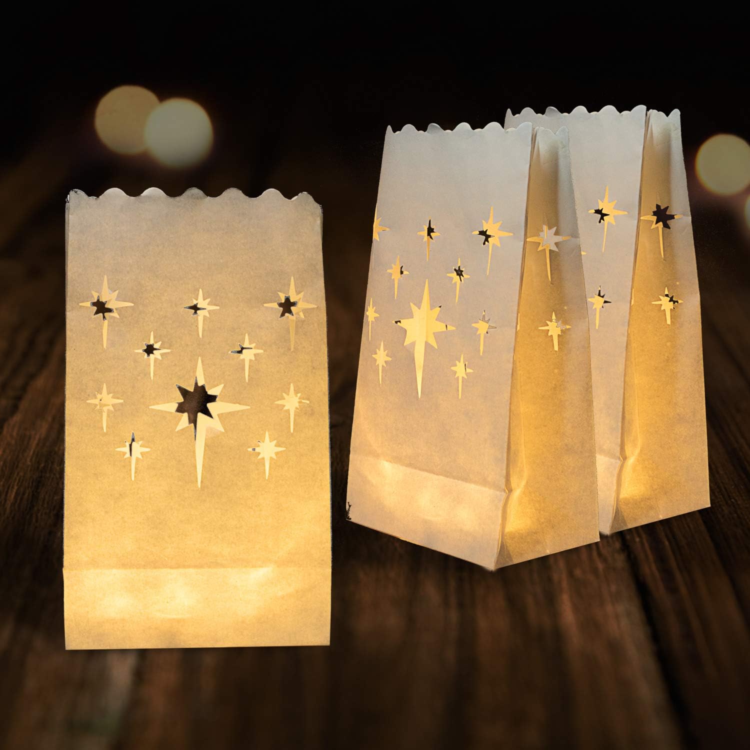 Homemory White Luminary Bags, Upgraded Moisture-Proof Candle Bags, Stars Design Luminaries for Wedding, Party, Halloween, Thanksgiving, Christmas (24)