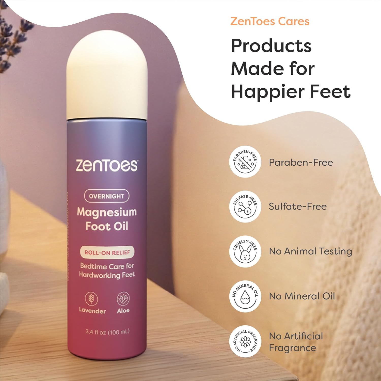 ZenToes Magnesium Oil for Feet | Targeted Tension Relief Roller Ball for Restless Legs & Feet | Magnesium Spray Alternative for Restful Sleep | Lavender & Mint Scent | 3.4oz