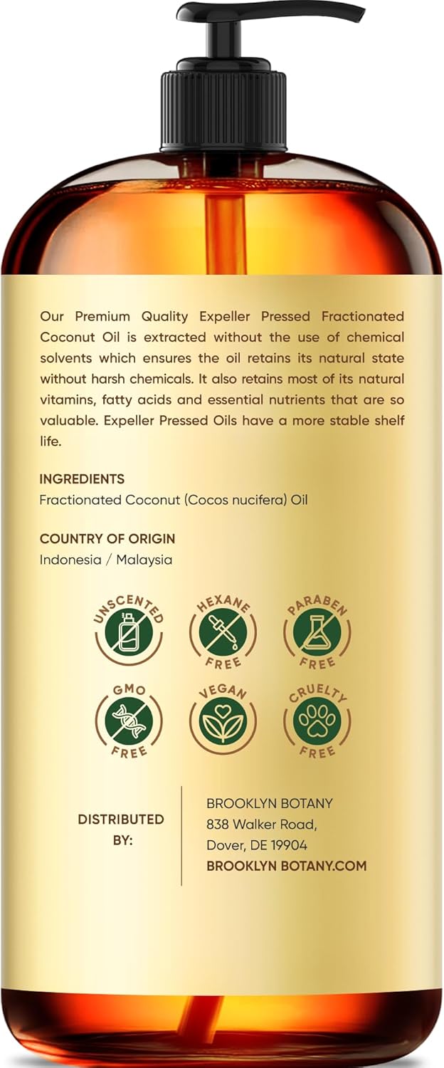Brooklyn Botany Fractionated Coconut Oil | 16 Fl Oz | Hair | Face | Body | 100% Pure and Natural | Carrier Oil | Aromatherapy | Massage | Ayurvedic Hair Care | Hexane-Free