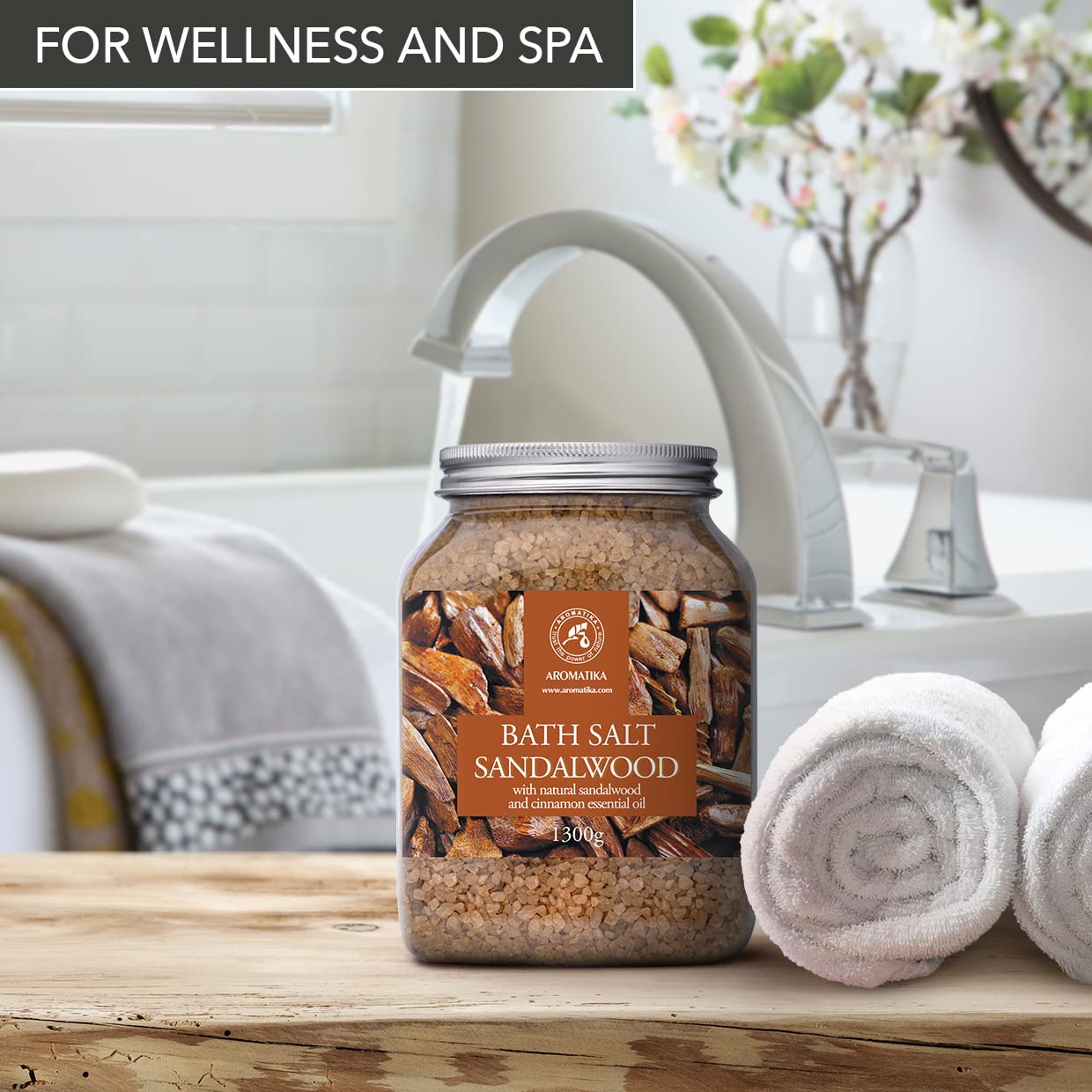 Bath Sea Salt Sandalwood 46 Oz (1300g) - Bath Salts with Sandalwood & Cinnamon Essential Oil for Bath Soak - Relaxing Bath - Muscle Relaxation - Aromatherapy Bath Salts - Sea Salt Bath