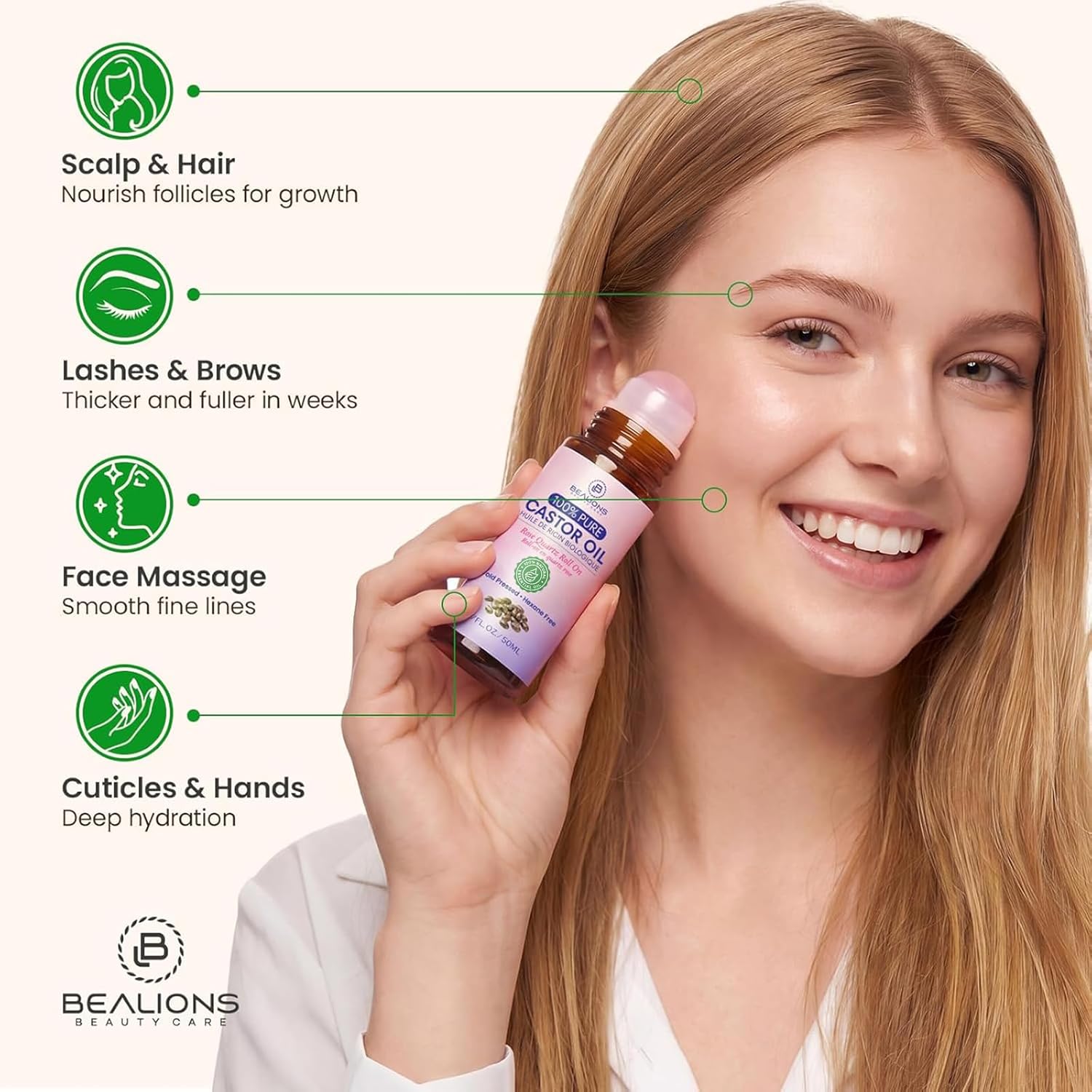 Bealions Organic Castor Oil Rose Quartz Roller Ball | Reduces Fine Lines, Wrinkles & Under-eye Puffiness, Promotes Thicker, Longer-looking Lashes and Brows, Gifts for Women 35+
