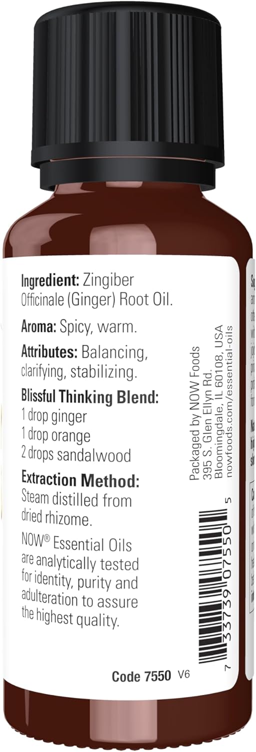 NOW Essential Oils, Ginger Oil, Spicy Aromatherapy Scent, Steam Distilled, 100% Pure, Vegan, Child Resistant Cap, 1-Ounce