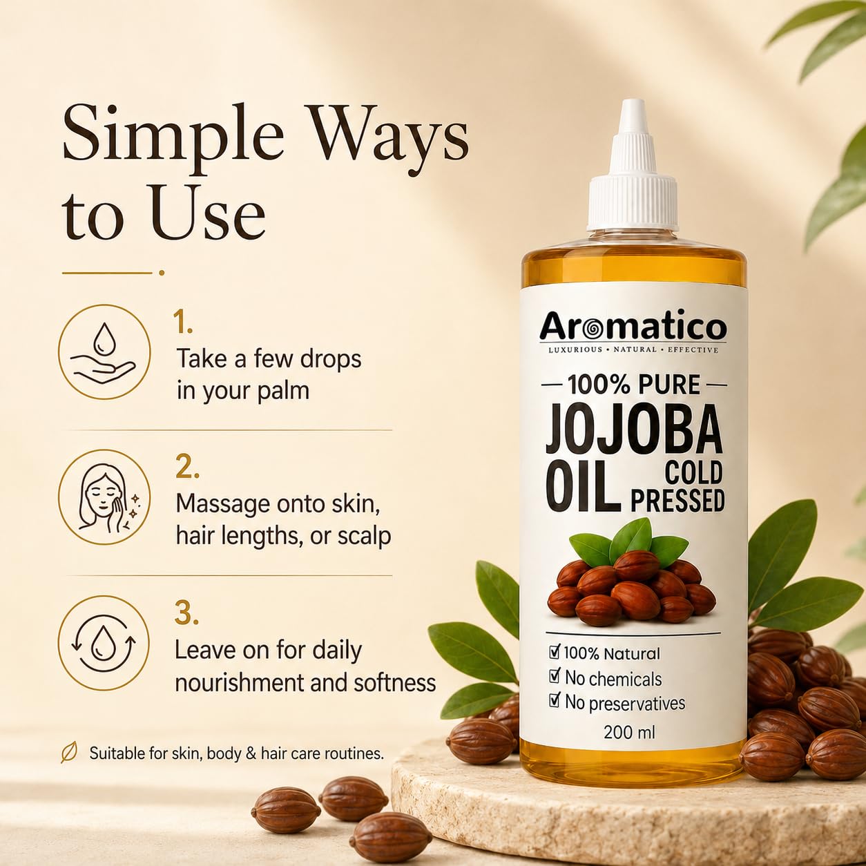 Aromatico 100% Pure Cold Pressed Jojoba Oil – 7 Fl Oz | Natural Hair, Face & Body Oil – Lightweight Moisturizing Carrier Oil for Dry Scalp, Skin Care, Beard, Cuticles & Massage