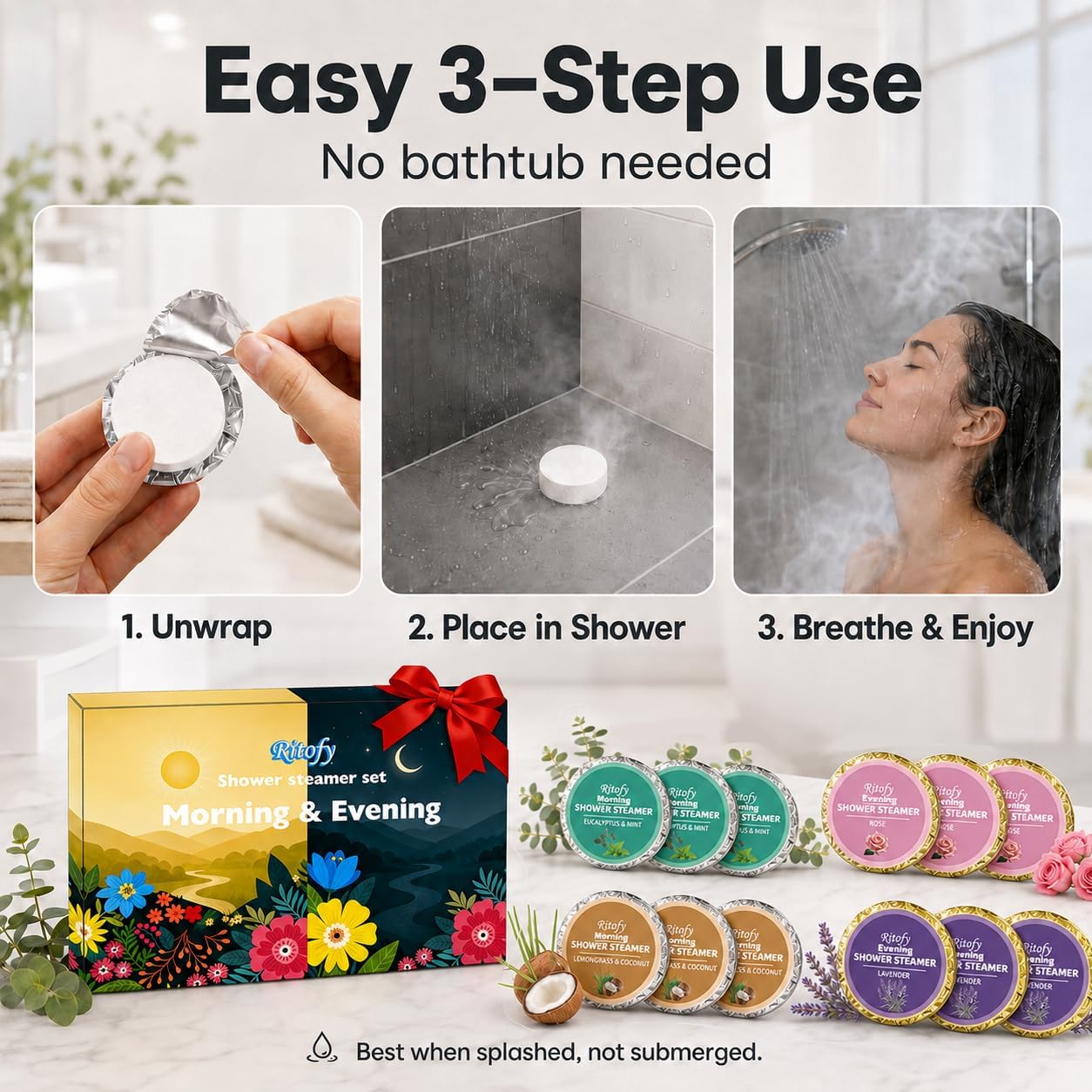 12 Tablets Shower Steamers Aromatherapy, Morning Evening Shower Tablets Set, Gift for Women and Men, Self Care Lavender Rose Lemongrass Coconut Eucalyptus Mint