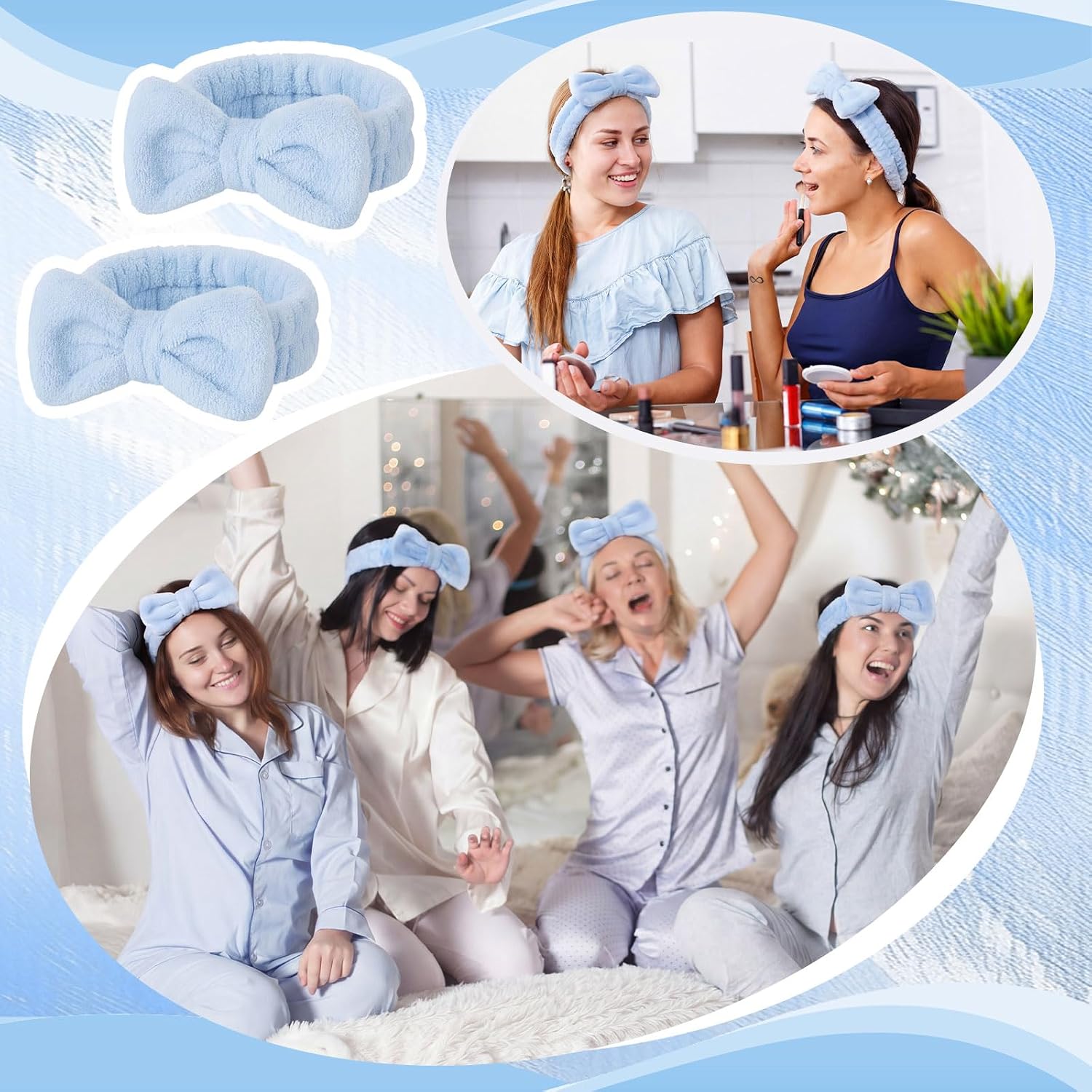 50 Pcs Blue Spa Headband Bulk Spa Sleepover Party Supplies for Washing Face with Removable Bow Makeup Elastic Bowknot Headband for Women Gifts Skincare Microfiber Hairband(Blue Style)