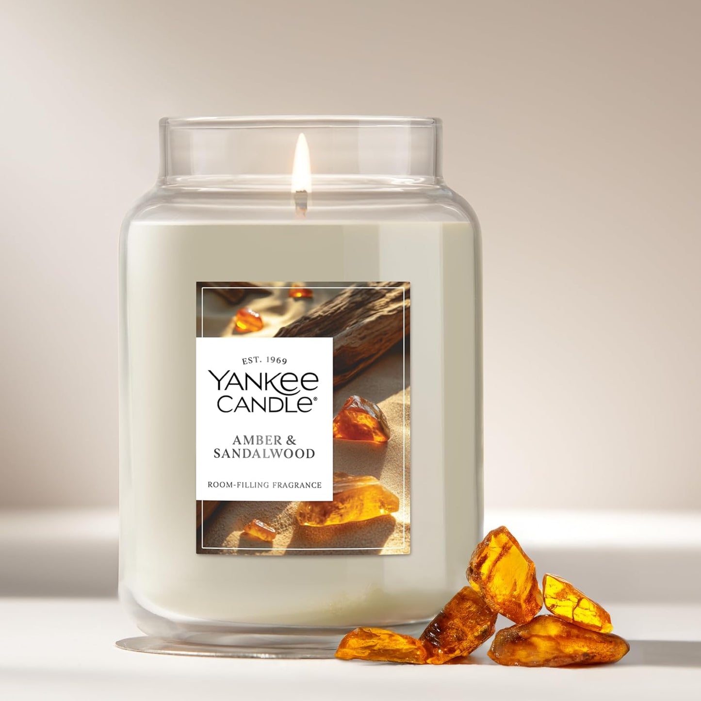Yankee Candle Amber & Sandalwood, Scented Candle, 22oz Large Jar with up to 150 Hour Burn Time, Giftable