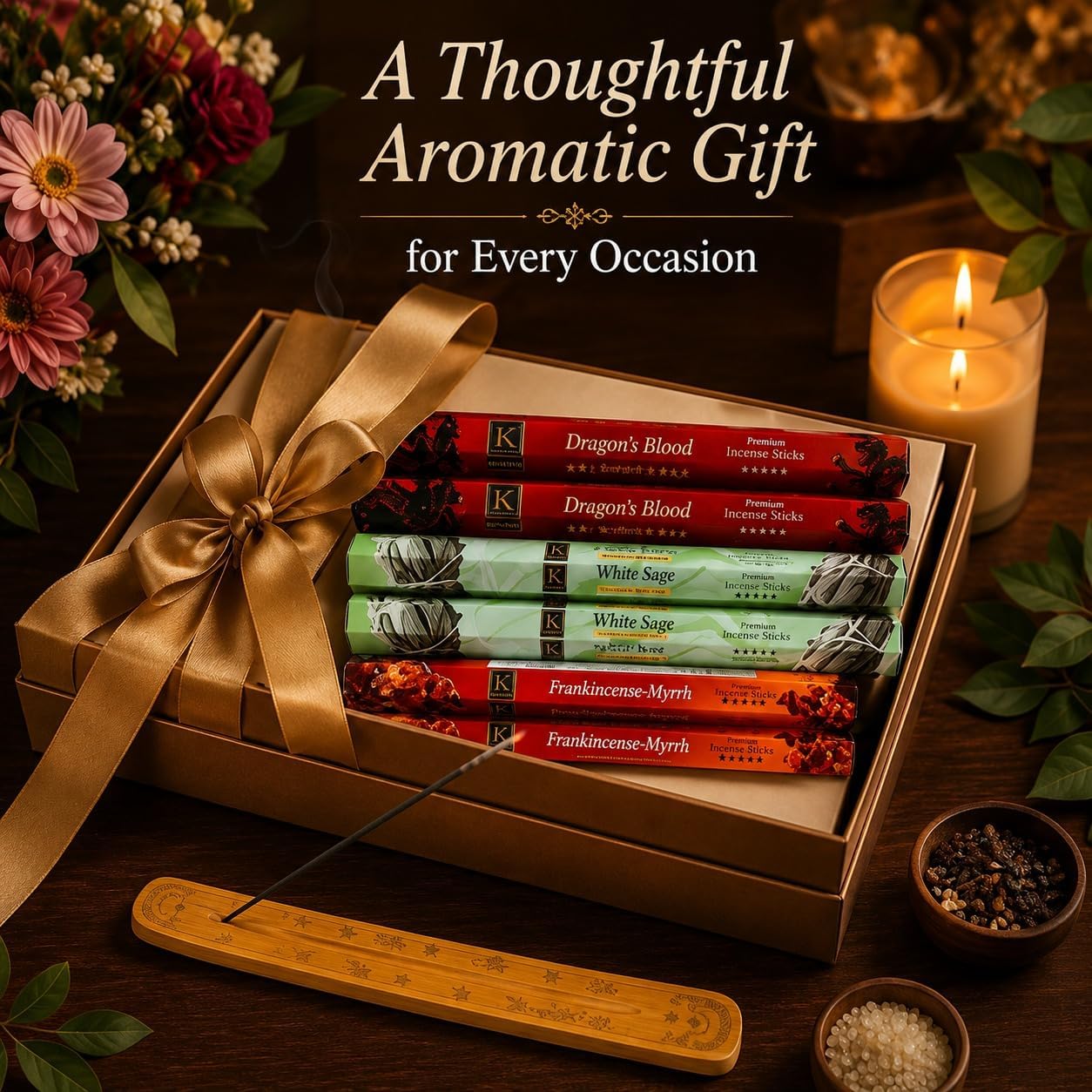 Incense Sticks Variety Pack | Dragon’s Blood, Frankincense & Myrrh & White Sage -120 Sticks | with Free Wooden Holder | Smudging Kit for Home Fragrance, Meditation & Yoga | Krishnascents