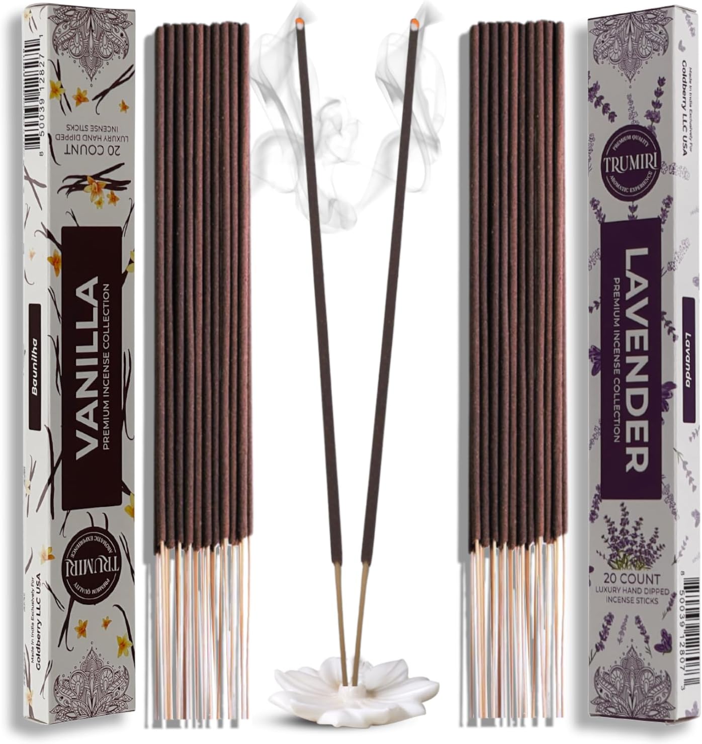 Trumiri Incense Sticks - Combo Pack of 40 Insence-Sticks - 20 Vanilla + 20 Lavender - Insenses - Insents - Incents - Inscense - Incence - Incienso - All Natural Incense Sticks