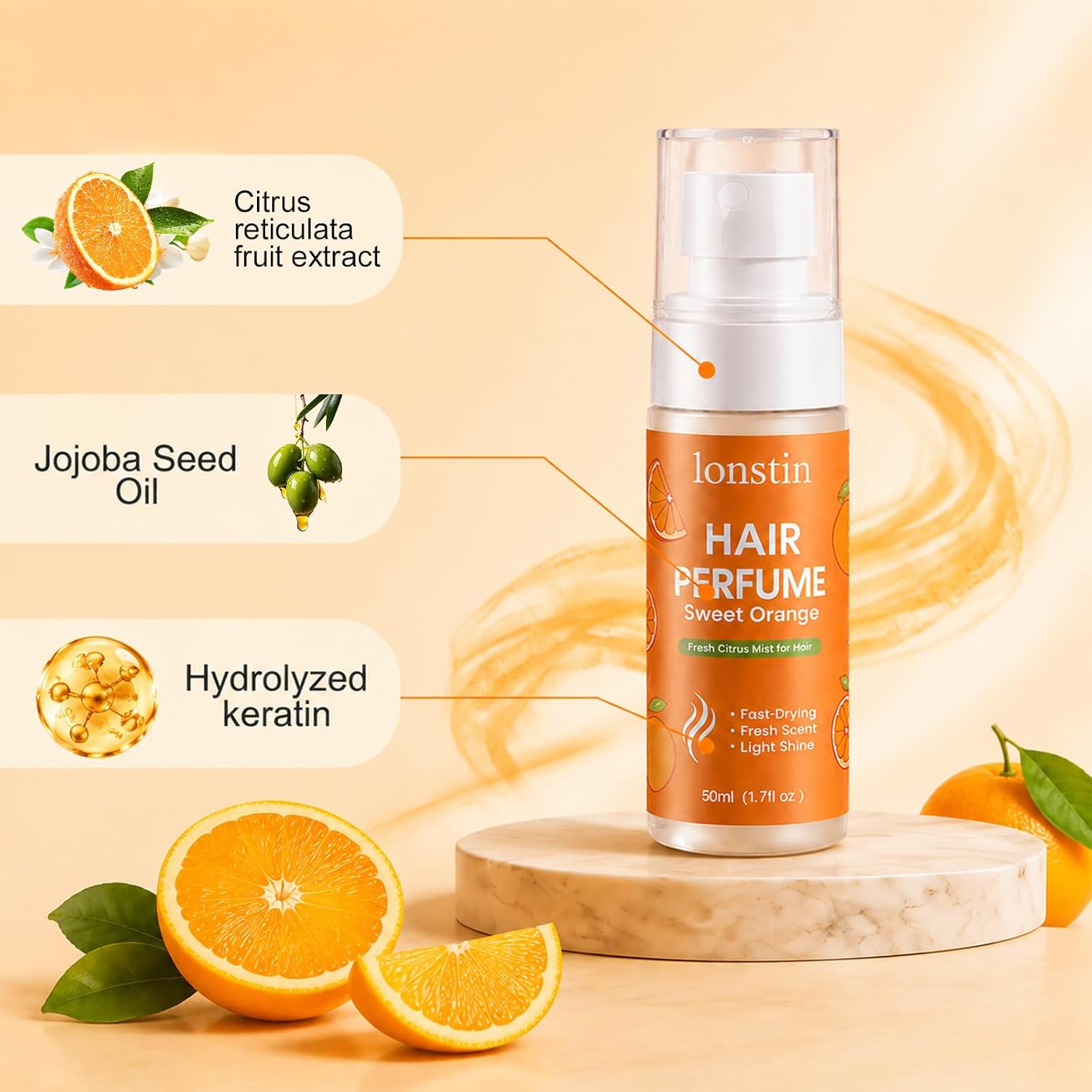 Orange Hair Frangrance for Women, Long-Lasting Scented Hair Spray & Body Mist, Freshen Hair, Body & Pillows, Lightweight Non-Greasy Mist for Dry & Frizzy Hair, 100ml