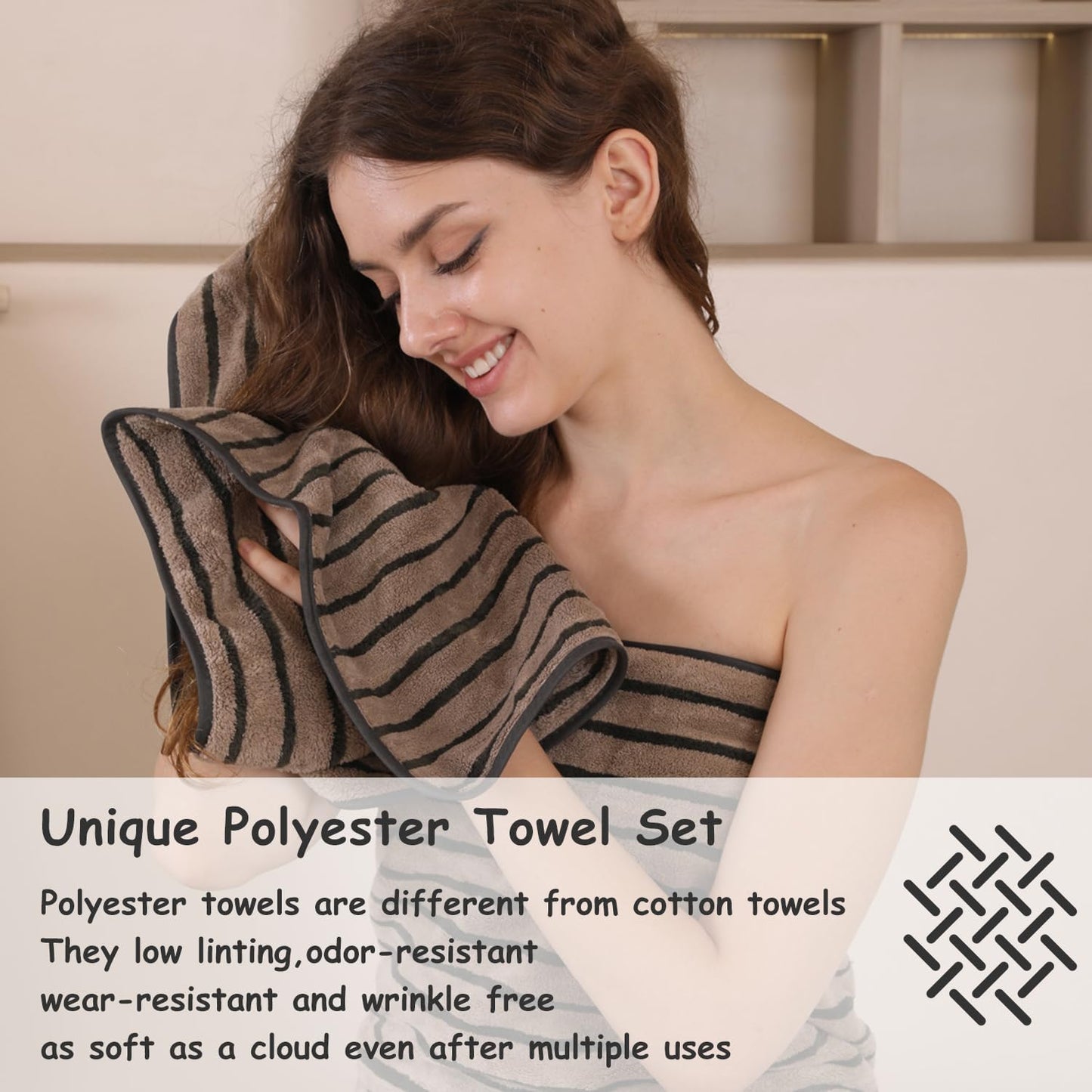 8 Pcs Polyester Brown Cabana Stripe Large Bath Towel Set-2 Bathroom Towels,2 Hand Towels,4 Washcloths Lightweight 600GMS Bath Sheet Absorbent Shower Towel Quick Dry Beach Chair Spa Gym Hotel Towels