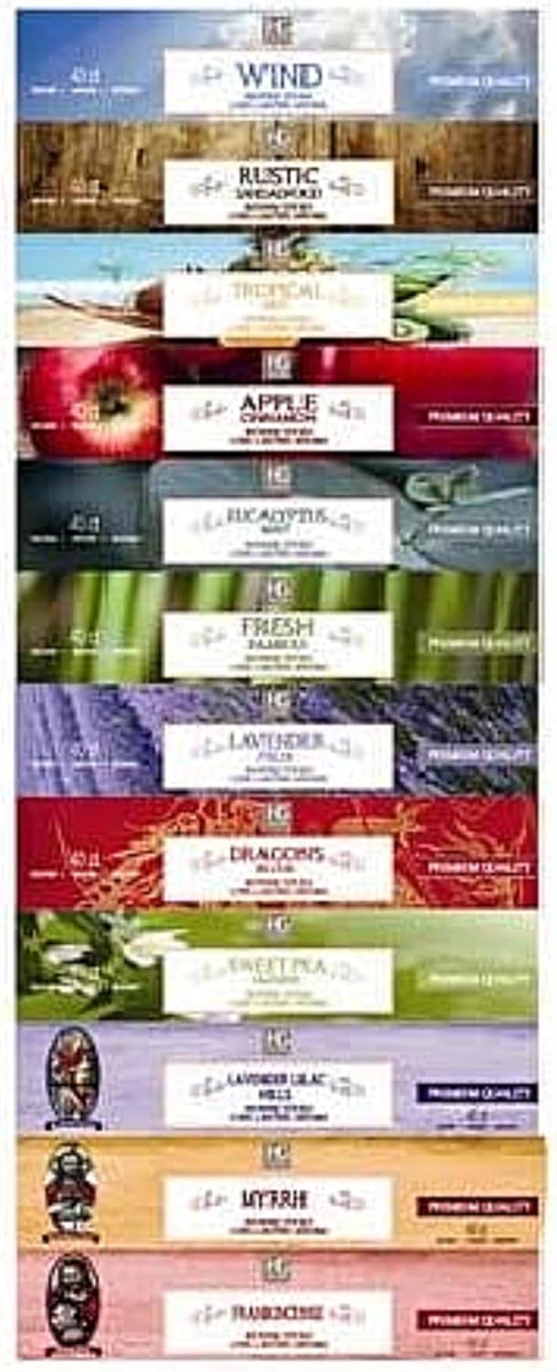 Hosley Aromatherapy 480 Pack Incense Sticks Lavender Eucalyptus Mint Sandalwood Sweet Pea Jasmine Tropical Mist Apple Cinnamon Fresh Bamboo Dragon's Blood Myrrh Lavender Lilac Hills Frankincense