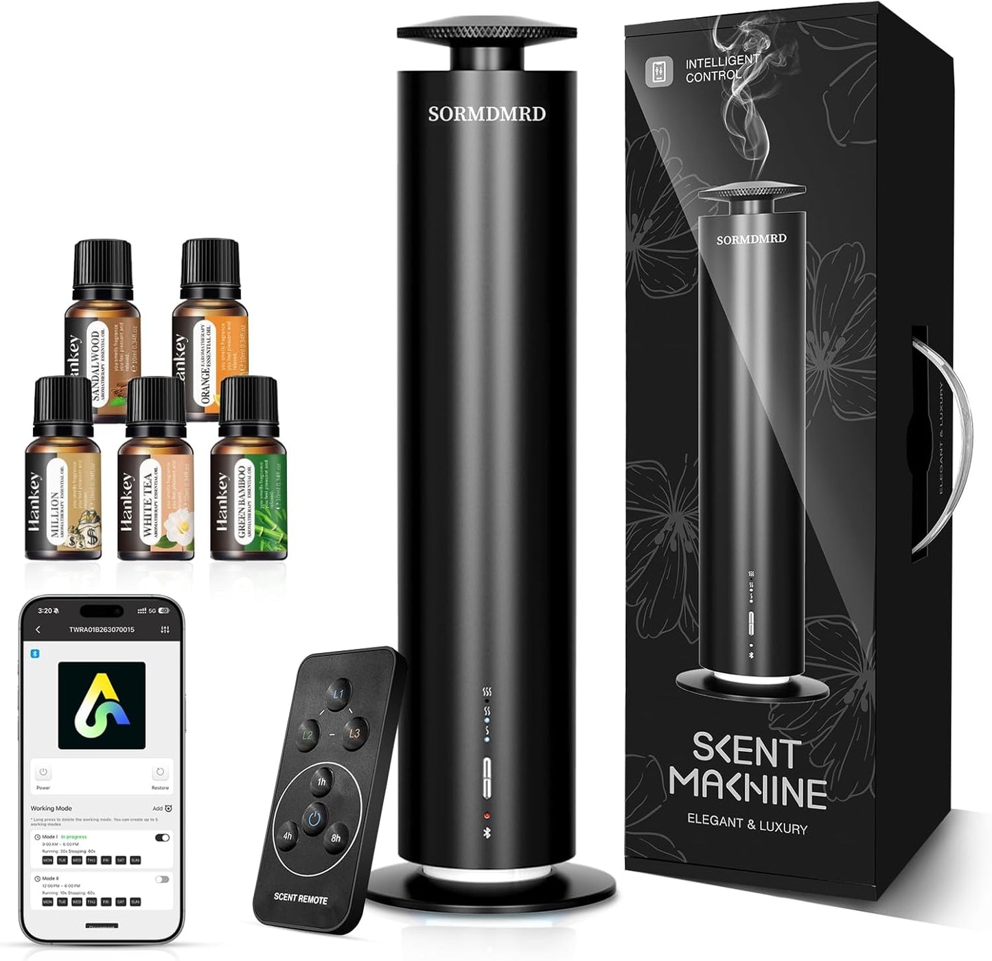 Waterless Scent Diffuser Starter Kit with 5 Scent Essential Oils, Covers 2000 Sq Ft, Cold Air Diffusers for Home, Hotel, Office, Aromatherapy Diffuser with Adjustable Mist, Timer, App & Remote Control