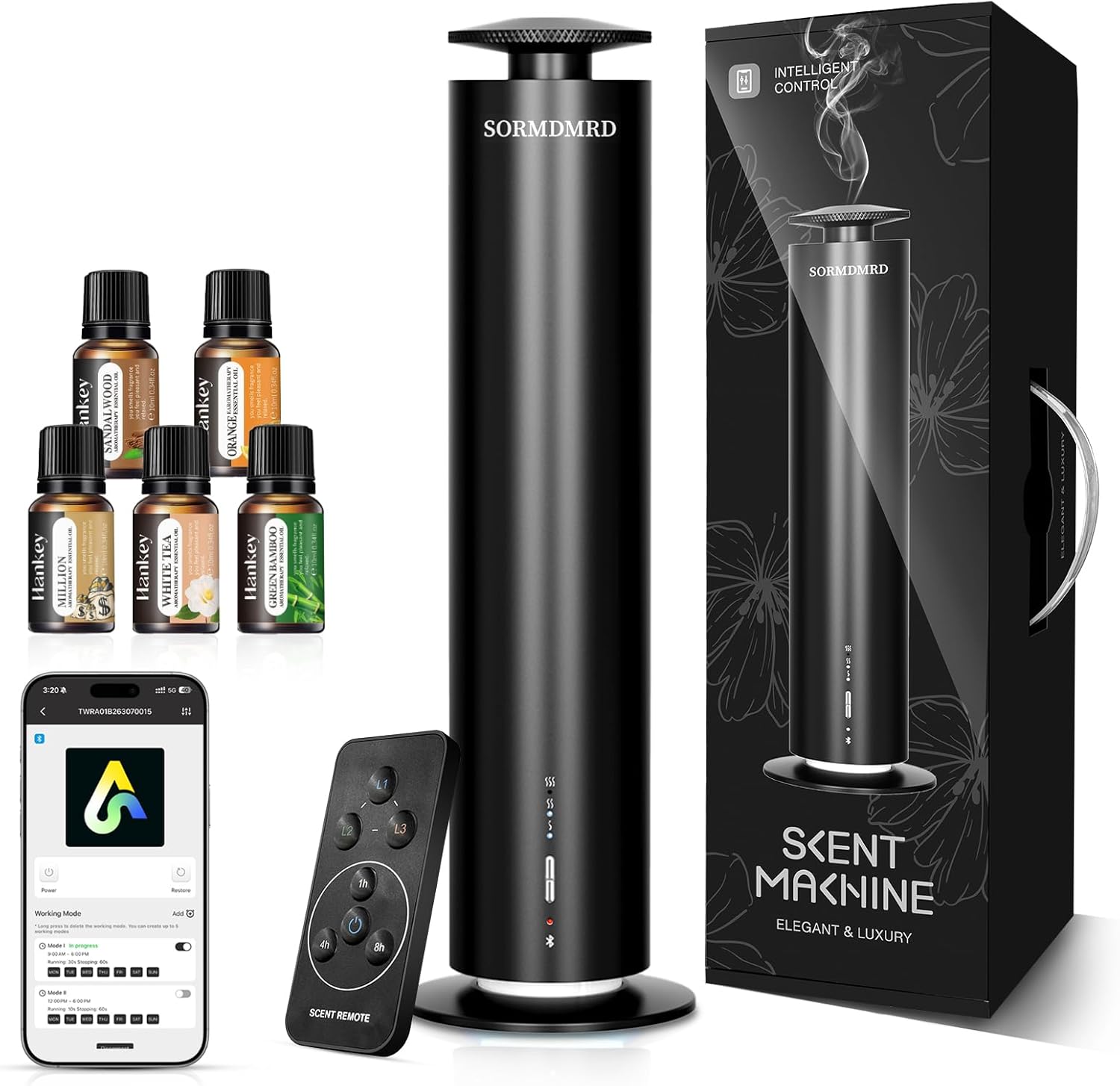 Waterless Scent Diffuser Starter Kit with 5 Scent Essential Oils, Covers 2000 Sq Ft, Cold Air Diffusers for Home, Hotel, Office, Aromatherapy Diffuser with Adjustable Mist, Timer, App & Remote Control