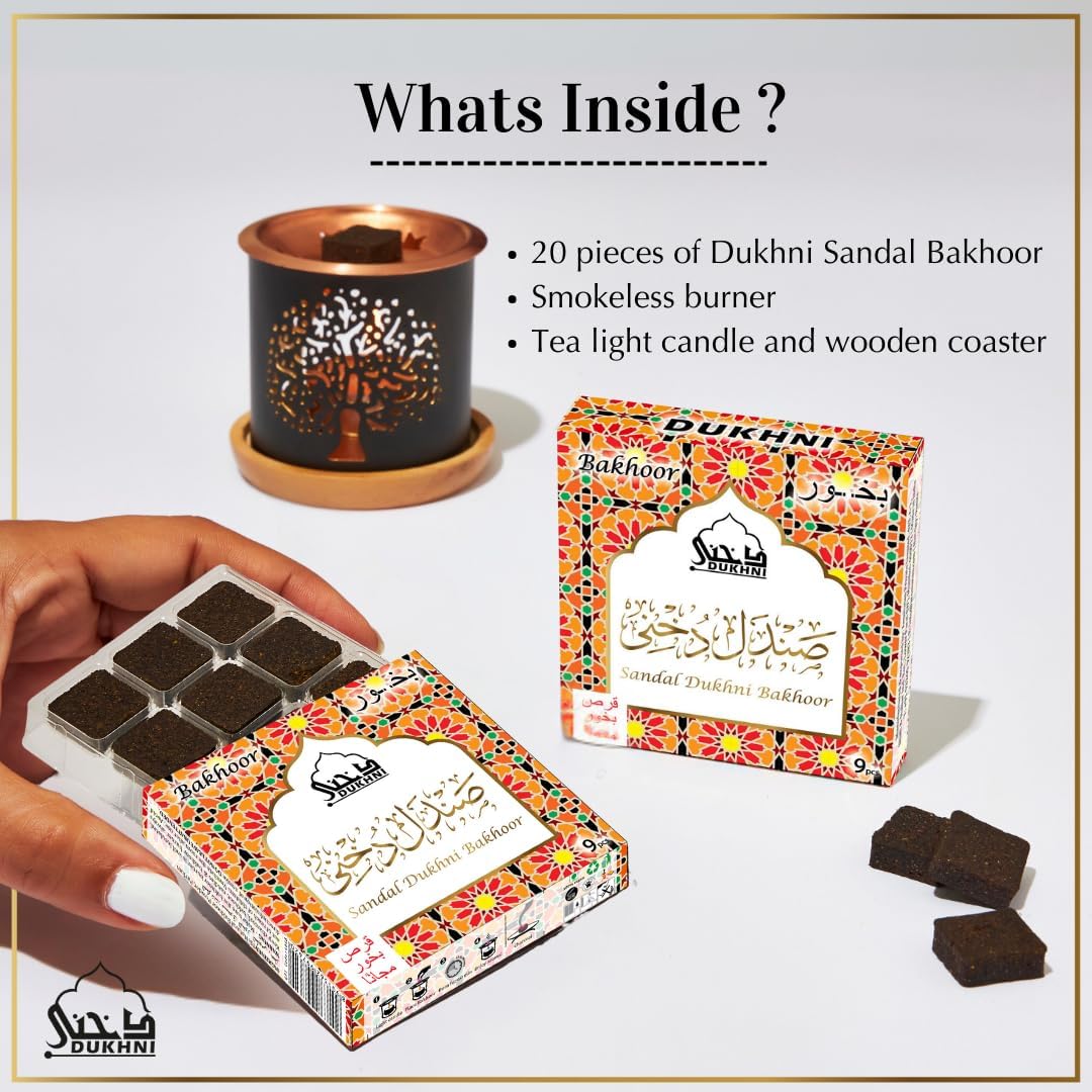 Dukhni Sandal Bakhoor Set | 2 x 9 Piece Each & Tree of Life Bakhoor Burner | Arabic Incense, Sandalwood Aroma, Grounding Woody Scent | Relax & Meditate, Home Fragrance, Home Aromatherapy