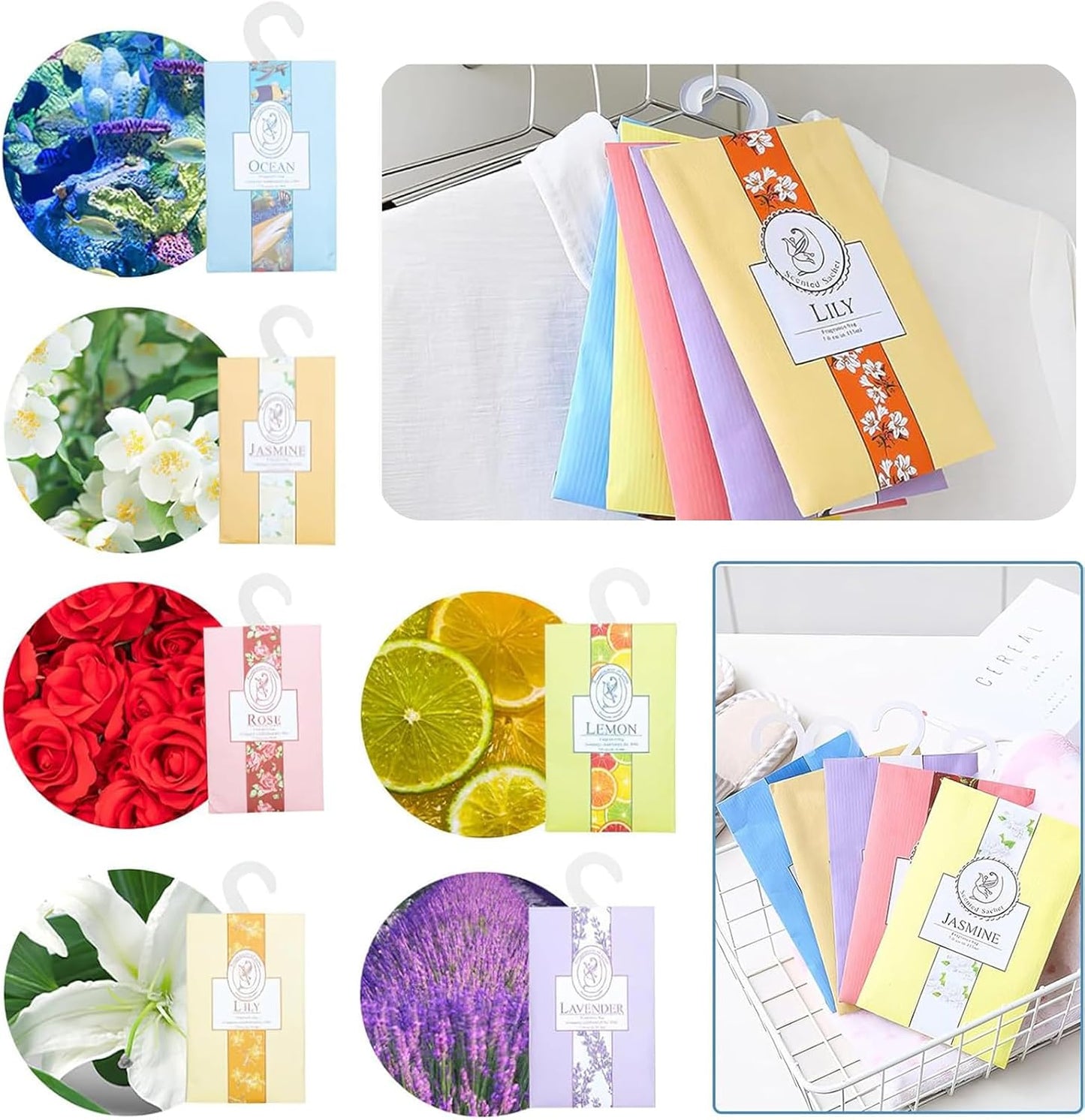 Wardrobe Fresheners Fragrance Sachet Bags: 6 Scented Sachets with Hanging Hooks - Aromatherapy Sachets with Natural Scents for Closets and Drawers, Perfect for Homes, Cars, and Offices