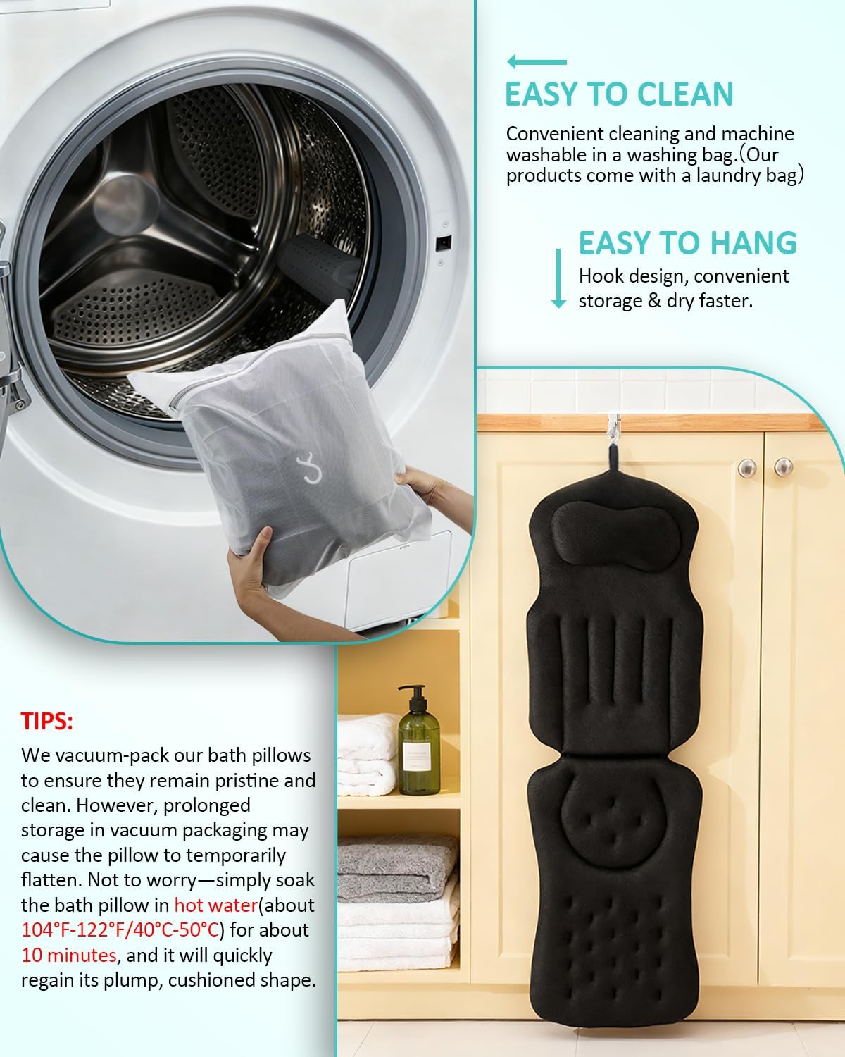 Full Body Bath Pillow for Bathtub, 5D Thick Tub Pillow for Bathtub with 192 Non-Slip Suction Cups, Laundry Bag & Hook, Bathtub Pillow for Head, Neck & Back Support (Black, 51"*15")