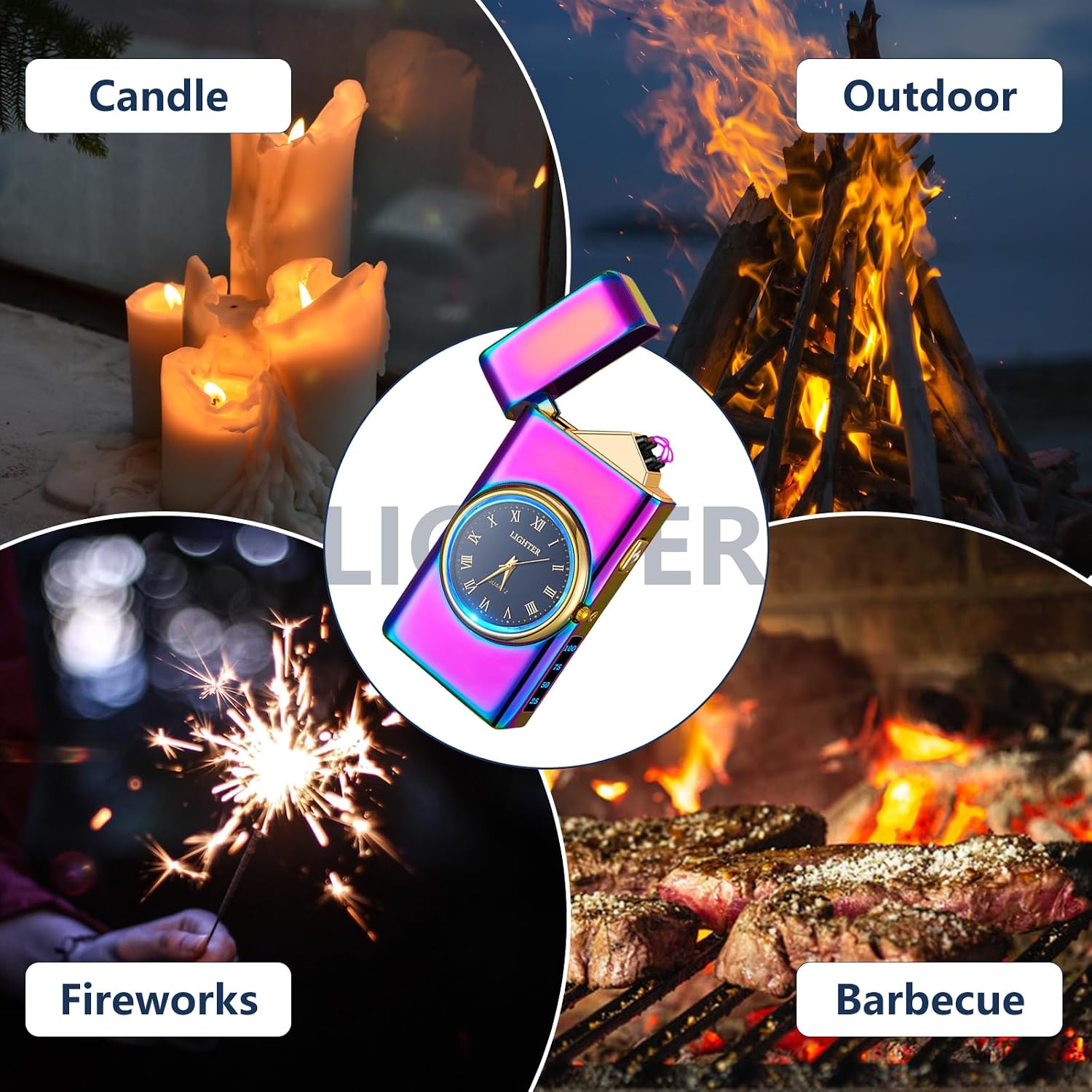 SKRFIRE Electric Arc Lighter USB Rechargeable Windproof Plasma Lighter with Double Pulse, LED Display for Candles BBQ Camping, for Men Women (Prestige Colorful)