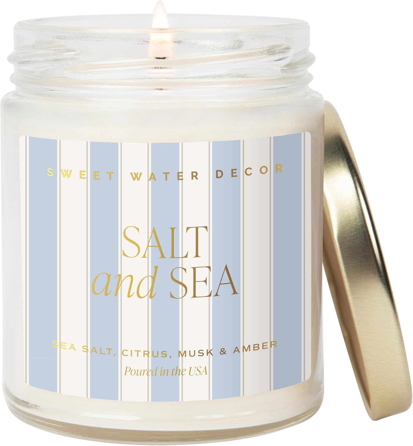 Sweet Water Decor Salt and Sea Patterned Candle – Soy Candles with Sea Salt, Citrus, Musk, Amber Aroma– 40 Hour Burn – 9oz Clear Glass Jar – Ocean Summer Candles for Home Decor