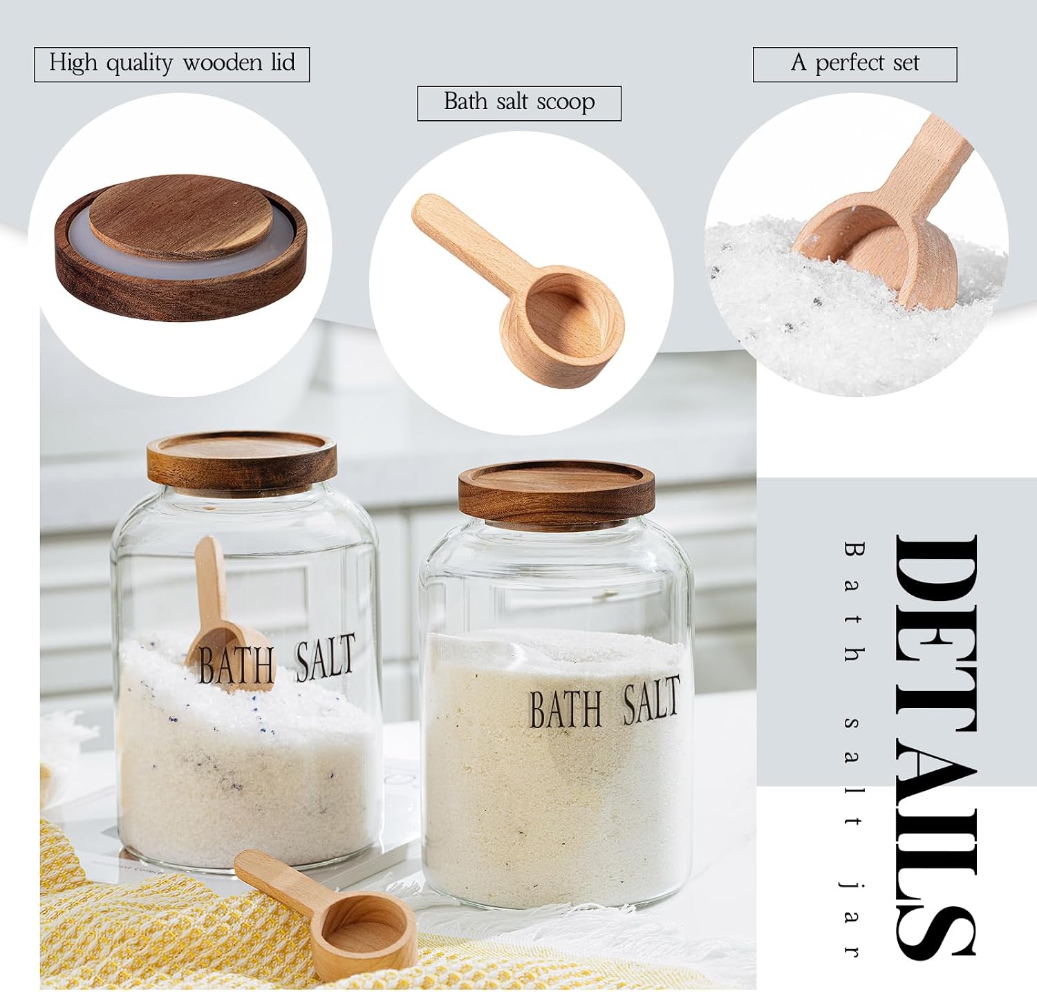 SiliFine 2 Sets 74 oz Glass Bath Salts Jar with Wooden Scoop and Lid, Bath Salt Container for Bathroom Organizers and Storage, Bathtub Accessories for Women Bathroom, Home Decor