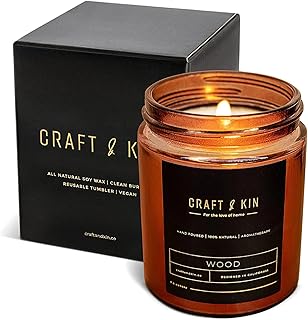 Craft & Kin Premium Wood Scented Candle – Long Lasting, 45 Hour Burn Time – Luxury Natural Soy Scented Candle – Room Decor and Aromatherapy – 8 oz